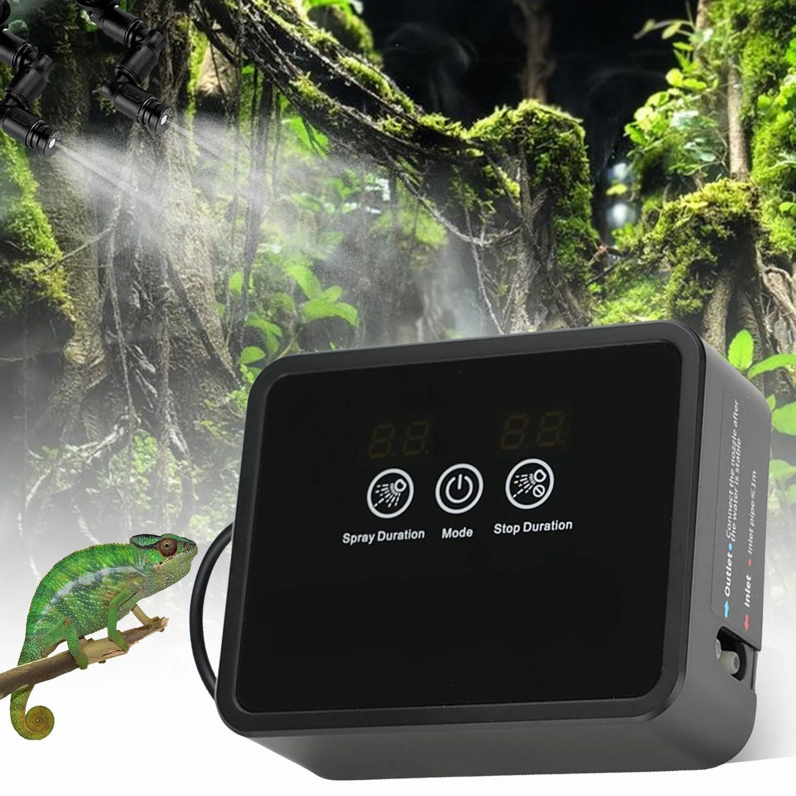 Nawilżacz powietrza dla gadów, inteligentny system zraszania terrarium, inteligentny system mgiełki, automatyczny rozpylacz z timerem i dyszami natryskowymi, regulowany, do płazów, gadów