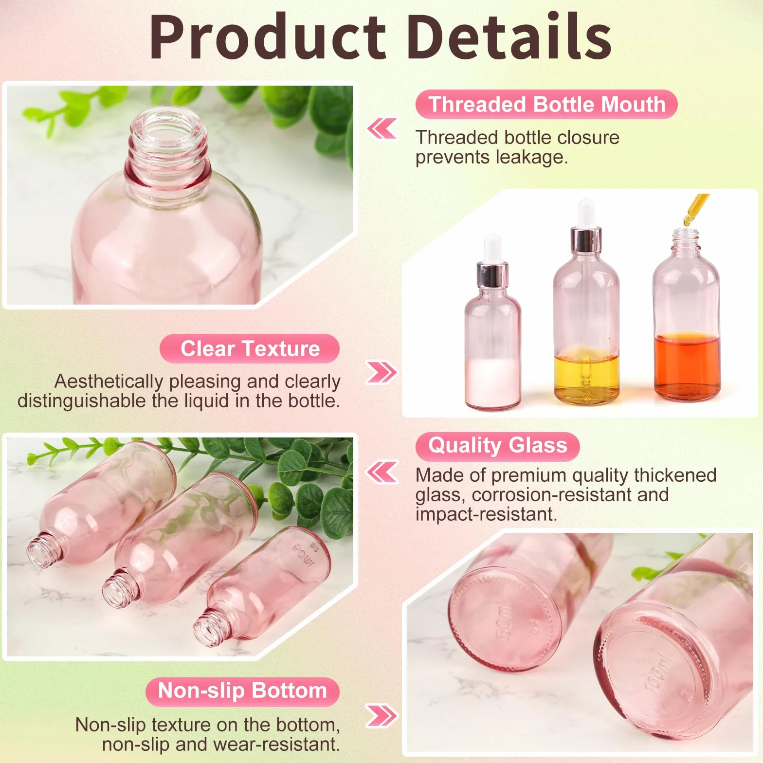 Różowe butelki z pipetą 50 ml do olejków eterycznych, perfum, aromaterapii, 3 szt.