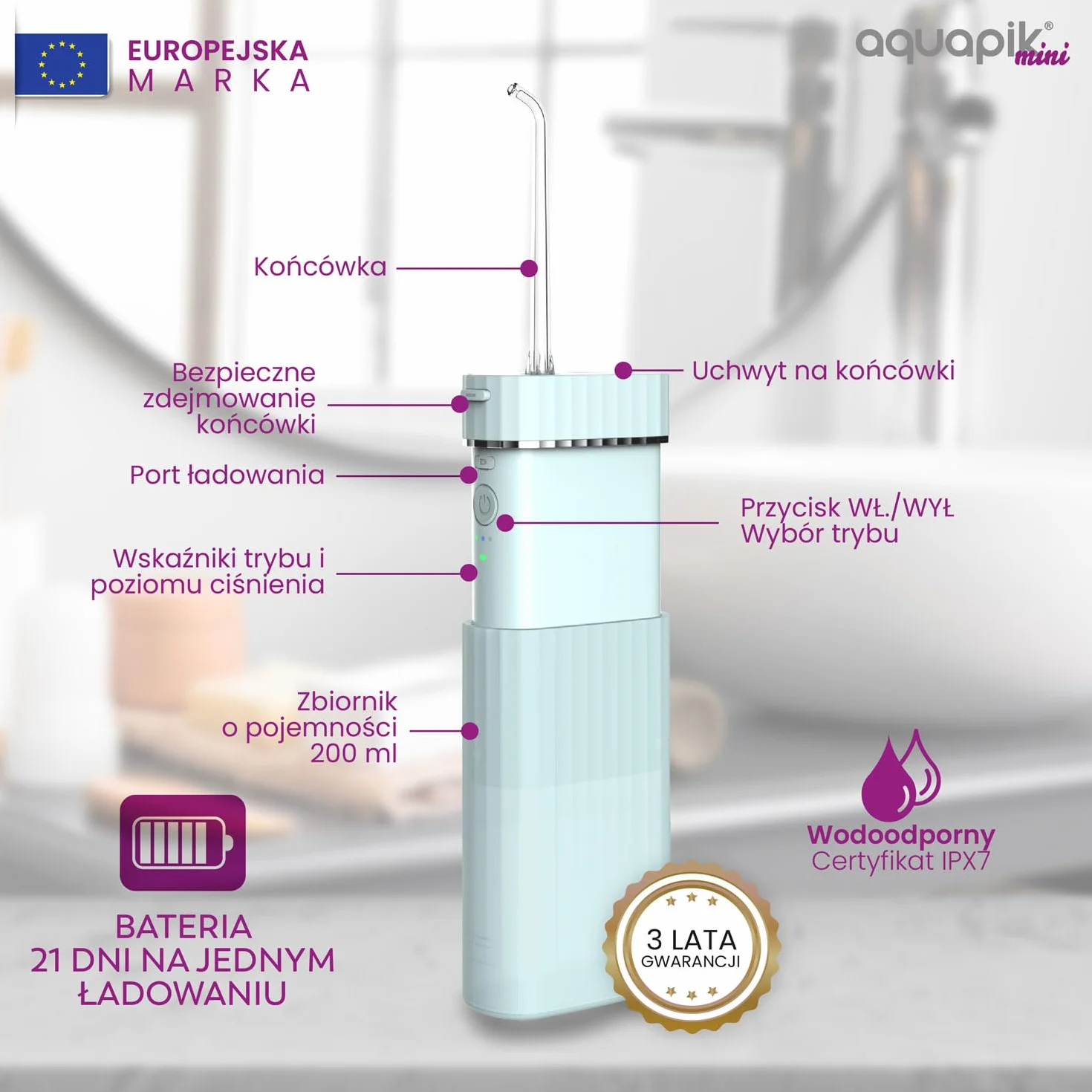 Aquapik Mini przenośny irygator dentystyczny. 3 tryby użytkowania, wodoodporny IPX7, 4 dysze w zestawie, akumulator i kompaktowy, idealny w podróży, polecany przez dentystów dla całej rodziny.