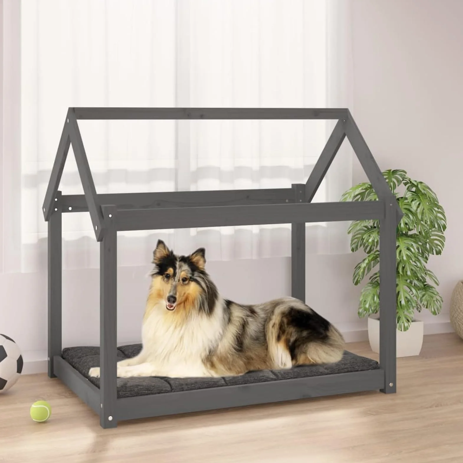 Legowisko dla psa, szare, 101 x 70 x 90 cm, lite drewno sosnowe | Lite drewno sosnowe, stabilna rama drewniana, prosty design do minimalistycznych pomieszczeń mieszkalnych