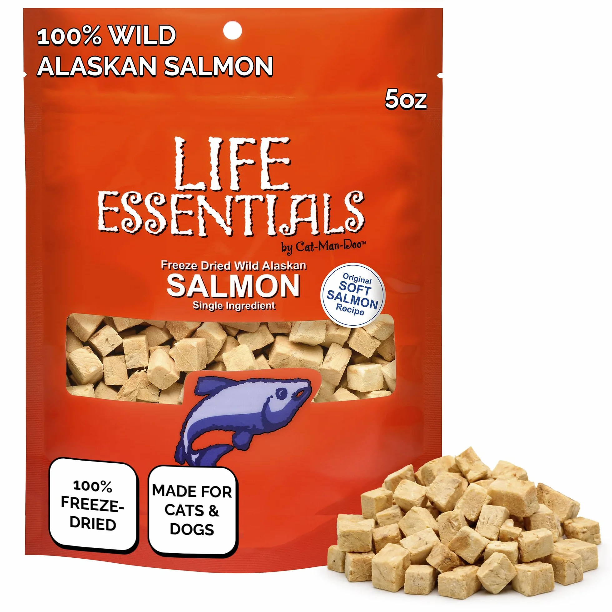 SUVELAM LIFE ESSENTIALS BY CAT-MAN-DOO All Natural Freeze Dried Wild Alaskan Salmon Treats for Cats & Dogs - Pojedynczy składnik bez ziarna przekąska bez dodatków lub konserwatorów, torba 5 uncji