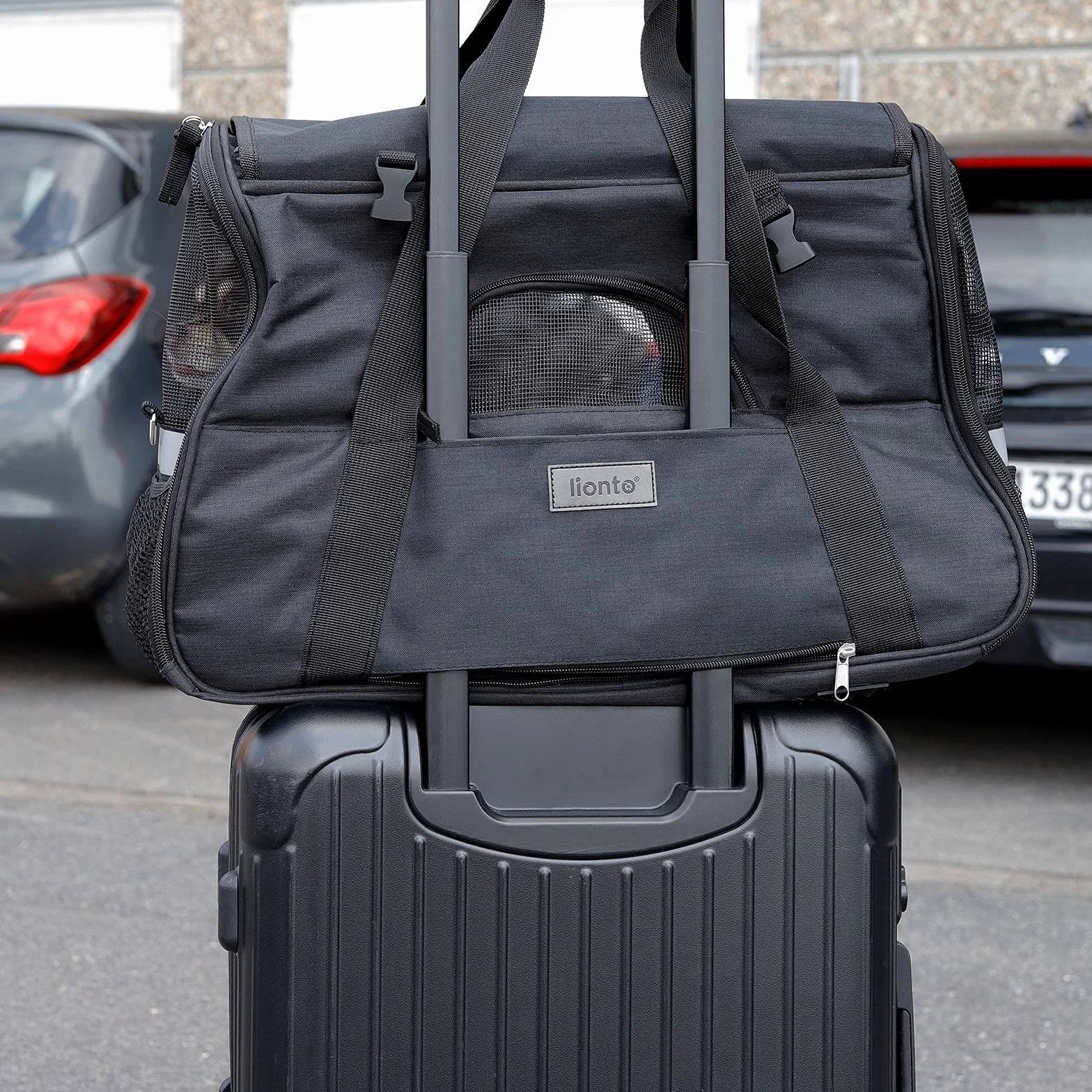 lionto Torba transportowa dla psów, składana, do podróży, z uchwytami do noszenia i paskiem na ramię, 49 x 27 x 31 cm, wykonana z wytrzymałej tkaniny Oxford i tkaniny siatkowej, skrzynia transportowa