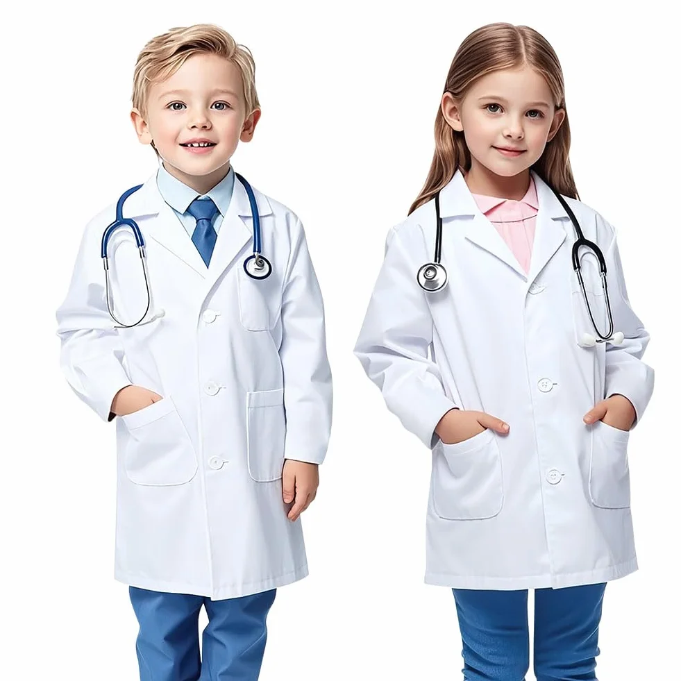 AUYAO Szlafrok laboratoryjny dla dzieci, biały bawełniany fartuch laboratoryjny, biały szlafrok medyczny chłopiec dziewczynka kostium lekarza chłopca, szlafrok naukowy dla studentów szkoły szpitala