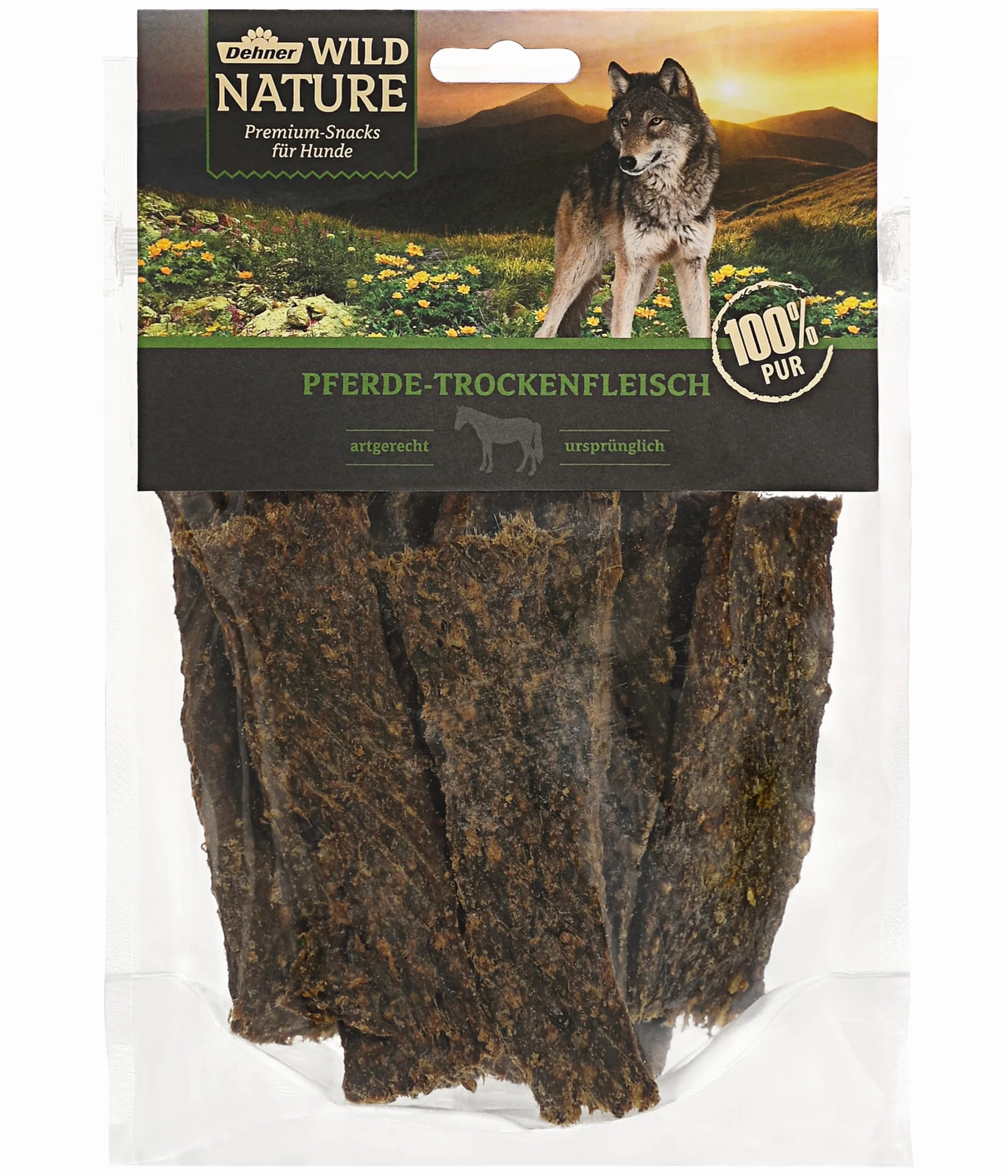Dehner Wild Nature przekąska dla psów, wysokiej jakości przysmaki dla psów, bezglutenowa/bez zbóż, przekąska dla psów, suszone mięso końskie, 200 g