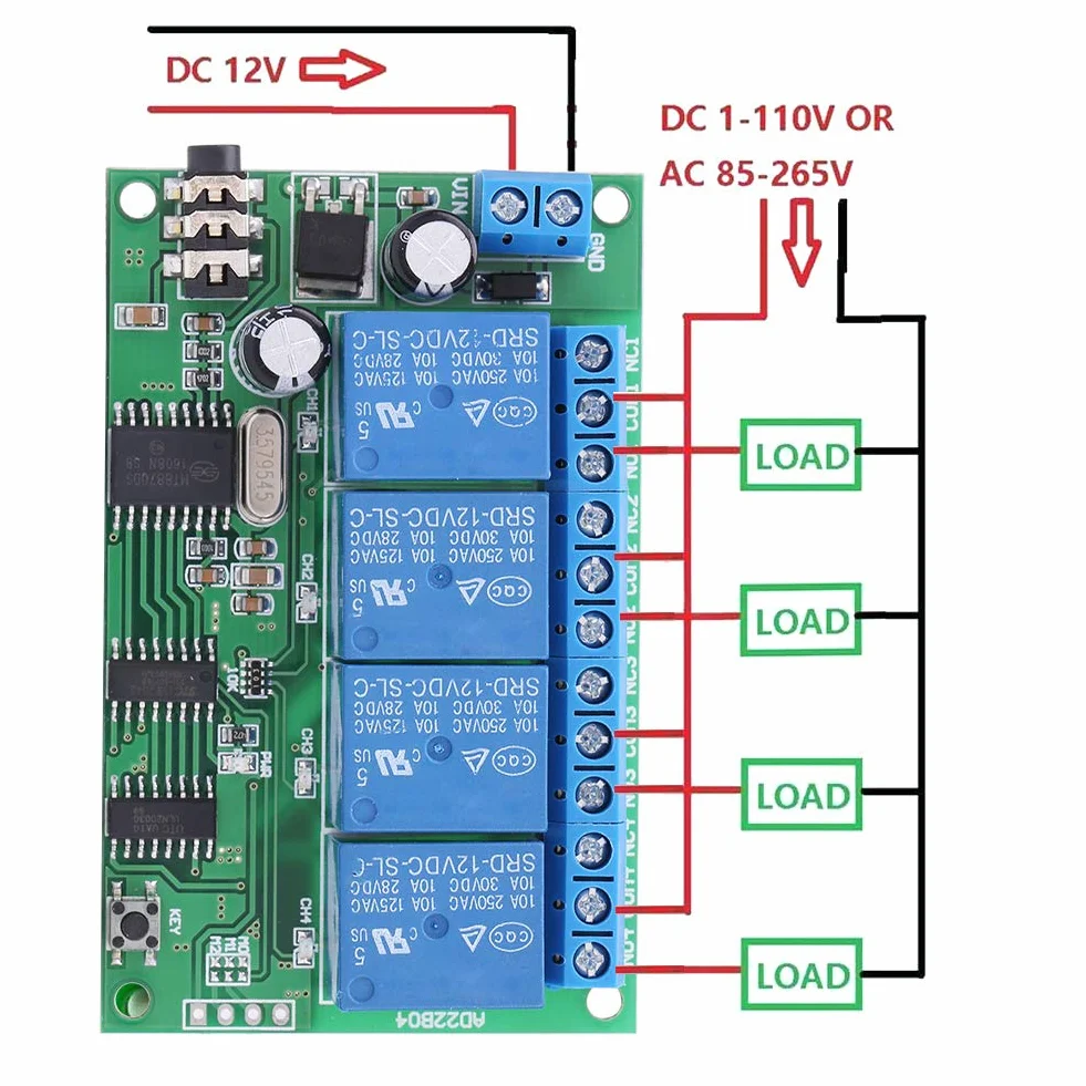 4 Kanal Decoder Relais, AD22B04 12 V DTMF Relais Modul (10 A / 250 VAC, 10 A / 125 VAC, 10 A / 30 VDC, 10 A / 28 VDC, 10 A / 12 VDC)