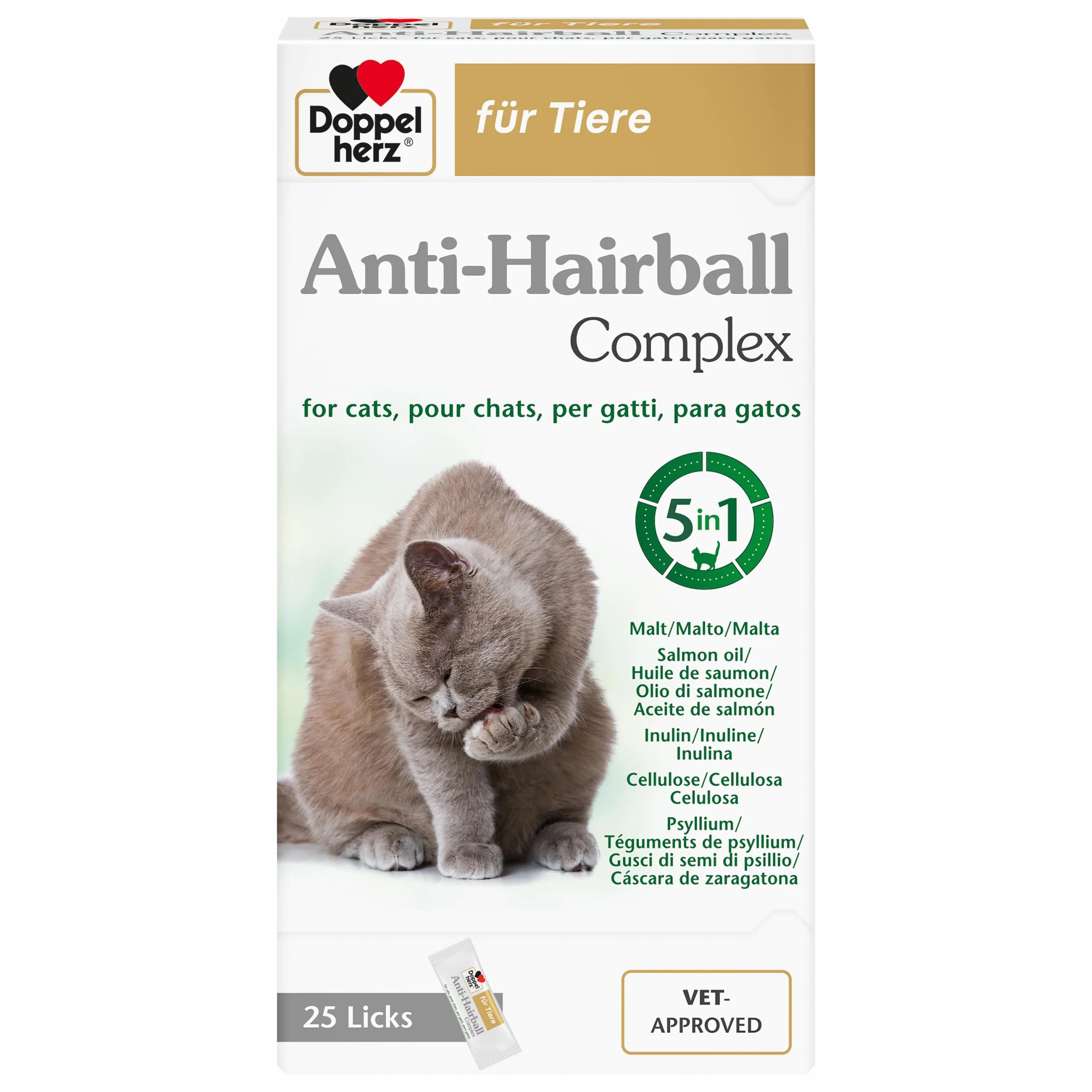 Doppelherz - Kompleks Anti Hairball Doppelherz dla kotów – z wysokiej jakości włóknami i olejkami wspomagającymi trawienie kulek – 25 kremowych przekąsek do lizania