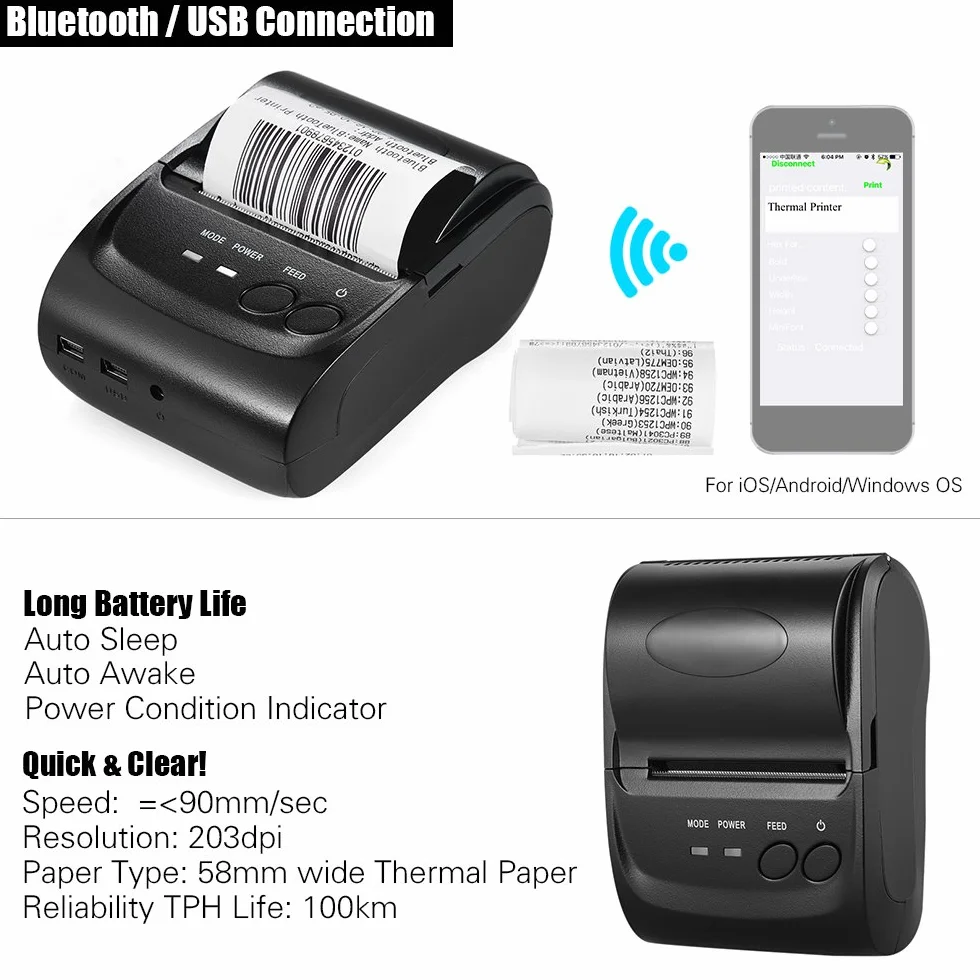 Mini bezprzewodowa drukarka termiczna 58 mm dla iOS Android Windows USB POS Bluetooth 4.0