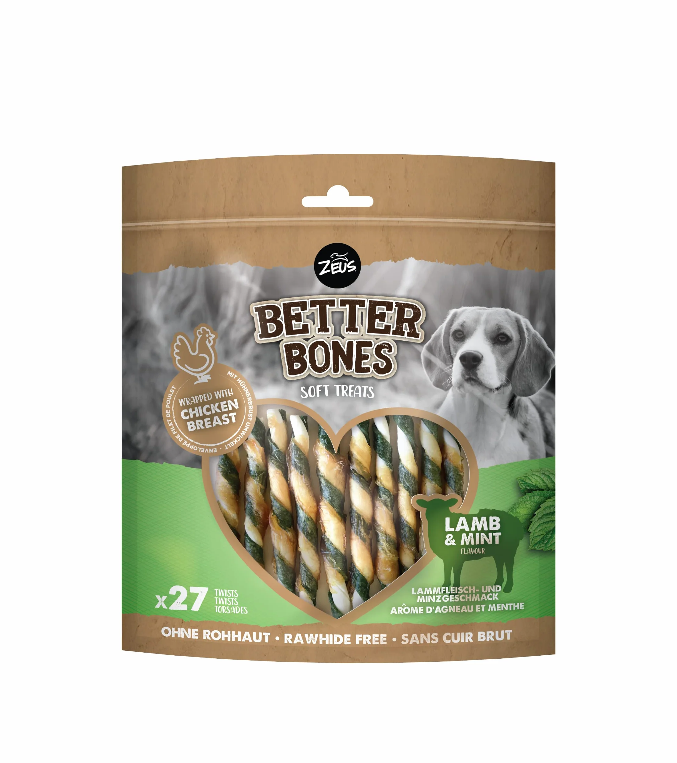 BetterBones – miękka przekąska do żucia dla psów, bez surowej skóry, owijane skręty z jagnięciną i miętą, 12,5 cm, opakowanie 27 szt