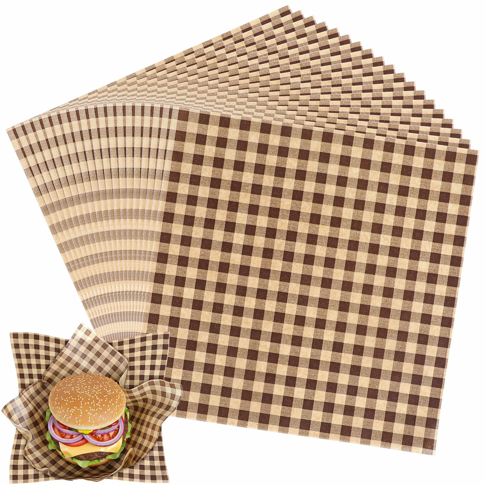 WLLHYF Arkusze papieru woskowego do żywności, 18 x 18 cm, w kratkę, delikatesy, odporne na tłuszcz, Sandiwch, eleganckie wkładki do kosza, na imprezy, pikniki i na zewnątrz, 100 szt