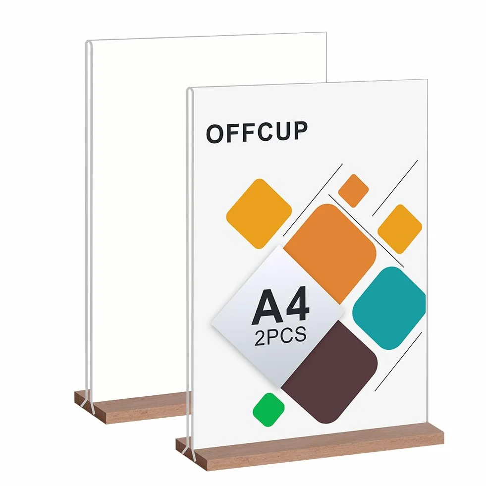 OFFCUP Akrylowy uchwyt na znak A4, 2 szt. uchwyt na menu plakatu, stojak ekspozycyjny w kształcie litery T, drewniana podstawa, dwustronne stojaki ekspozycyjne do restauracji, hotelu, promocji, zdjęć