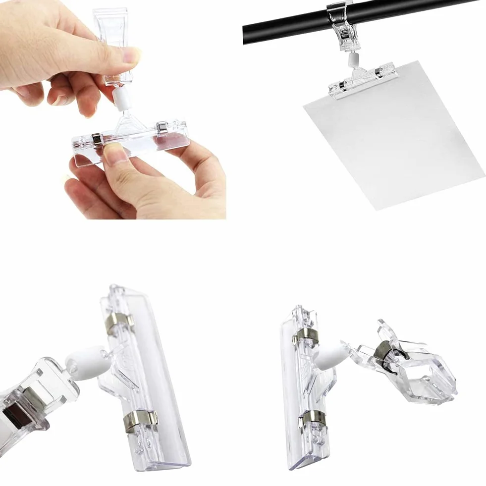 16Pcs Clear Sign Clips Plastic Clip Sign Holder Stand, Swivel Price Clips Clothing Rack Signs Tag Clothing Rack Signs