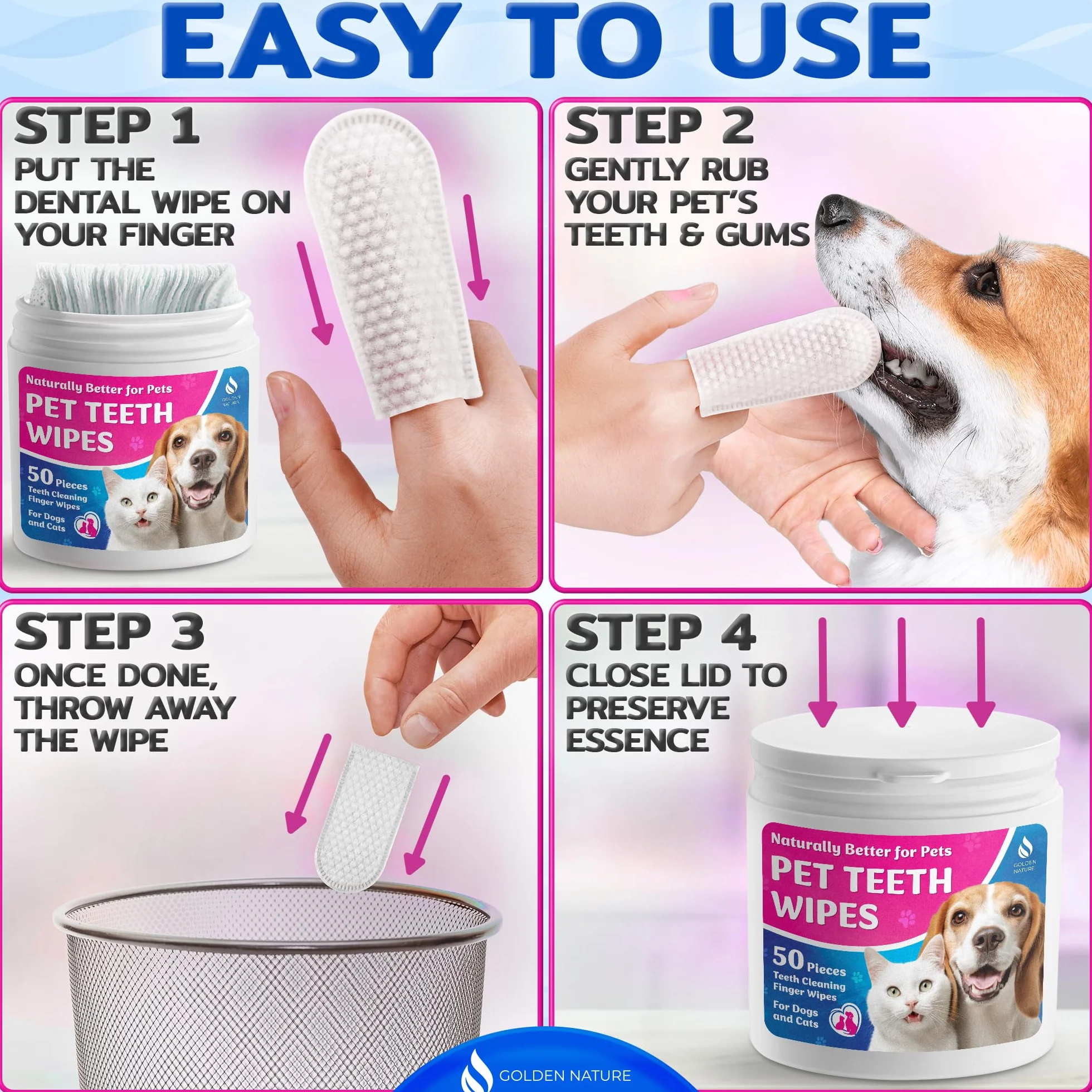 Teeth Cleaning Wipes for Dogs and Cats - 100 Pcs - Pet Dental Care Finger Pads/Mouth Wipes for Fresh Breath, Plaque and Tartar Removal