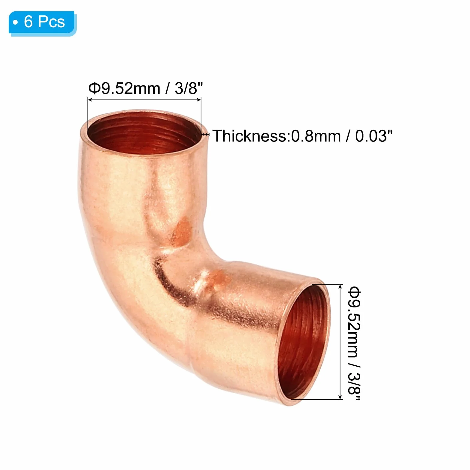 PATIKIL Kolano miedziane 3/8" ID o grubości 0,8mm, 6szt 99,9% czystej miedzi, złączka rurowa 90 stopni, krótki promień, złączka rurowa do lutowania na pot dla systemu chłodzenia HVAC