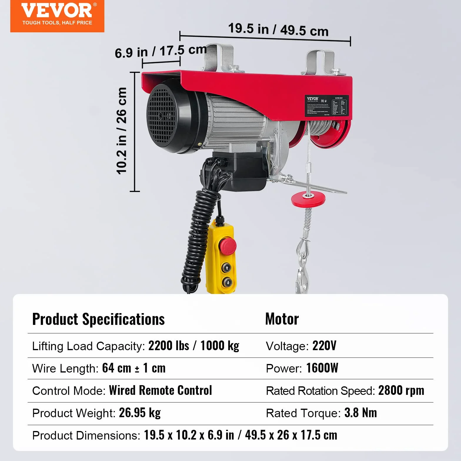 VEVOR Wciągarka na kable elektryczne, 1000 kg, z przewodowym pilotem zdalnego sterowania, 4 m, wciągarka 1600 W, 10 m/min, wysokość podnoszenia, pojedynczy kabel 12 m, silnik czystej miedzi, do