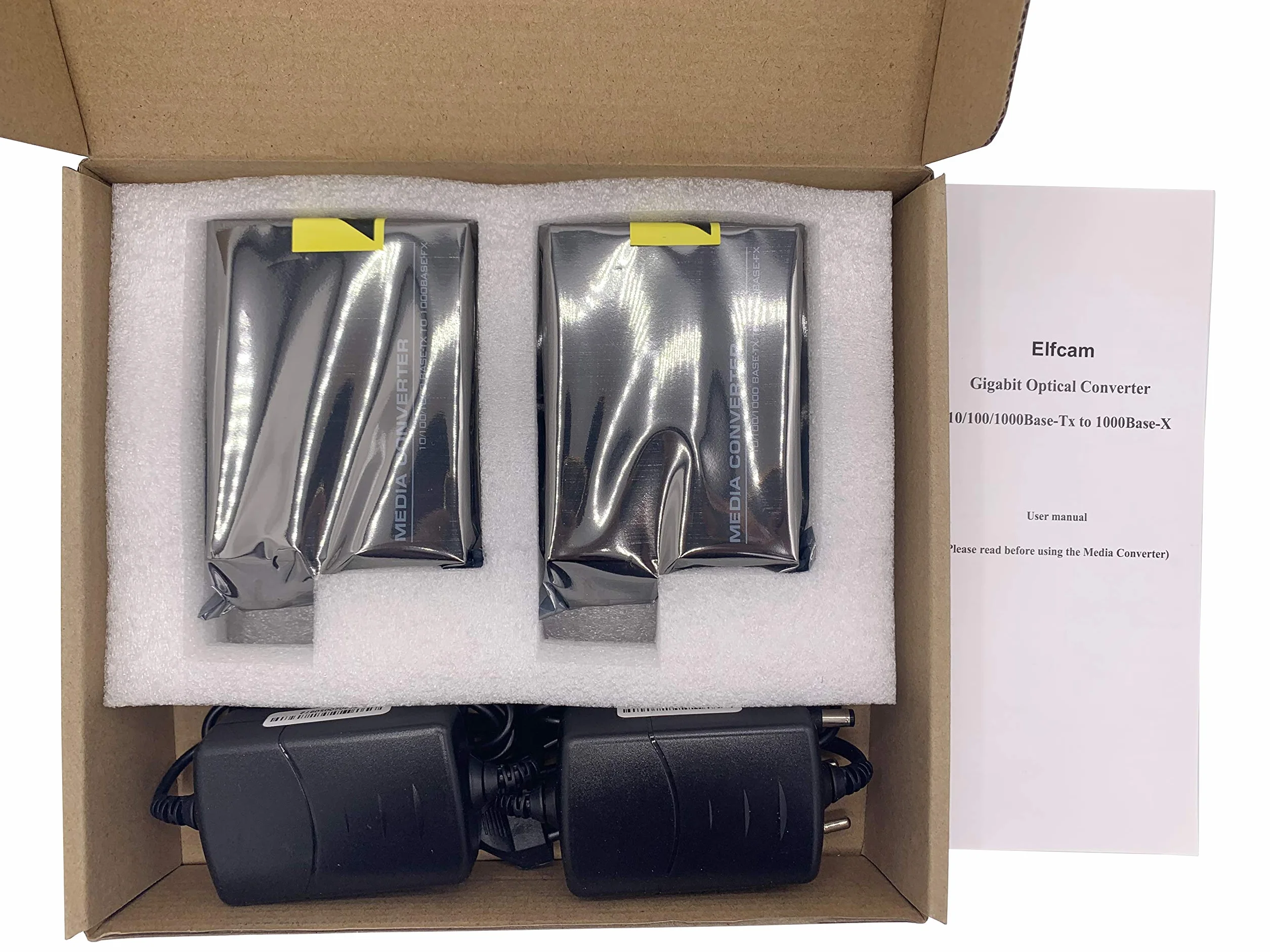 Elfcam® - Zestaw 2 konwerterów światłowodowych Ethernet, dołączony konwerter mediów SFP, do odległości 20 KM przez światłowód SC Pojedynczy (2 porty RJ45 *2 porty RJ45)