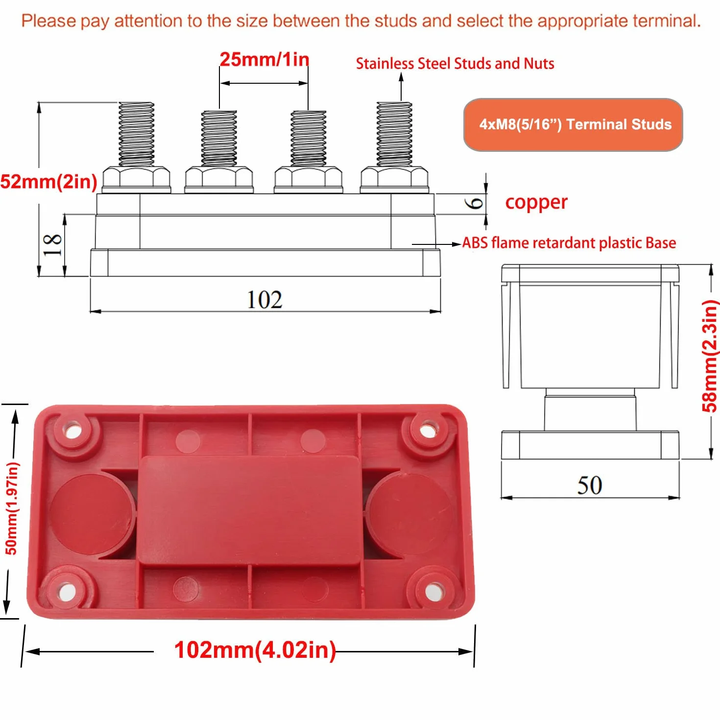 Barre de Bus 300A 12V-48V CC Cuivre Module Robuste 4xM8 Bornes Bloc Distribution Terre avec Couvercle Noir Rouge