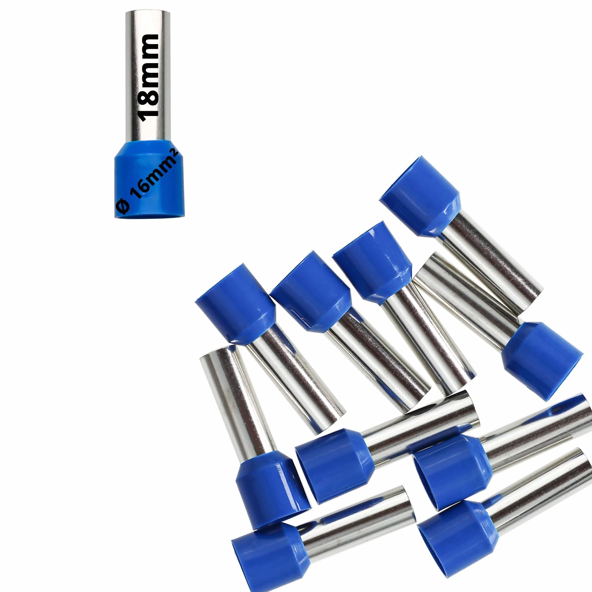 Tuleje kablowe 16 mm² niebieskie izolowane długość tulejki 18 mm długość całkowita 28 mm 10 sztuk do przewodów cienkożyłowych i cienkożyłowych