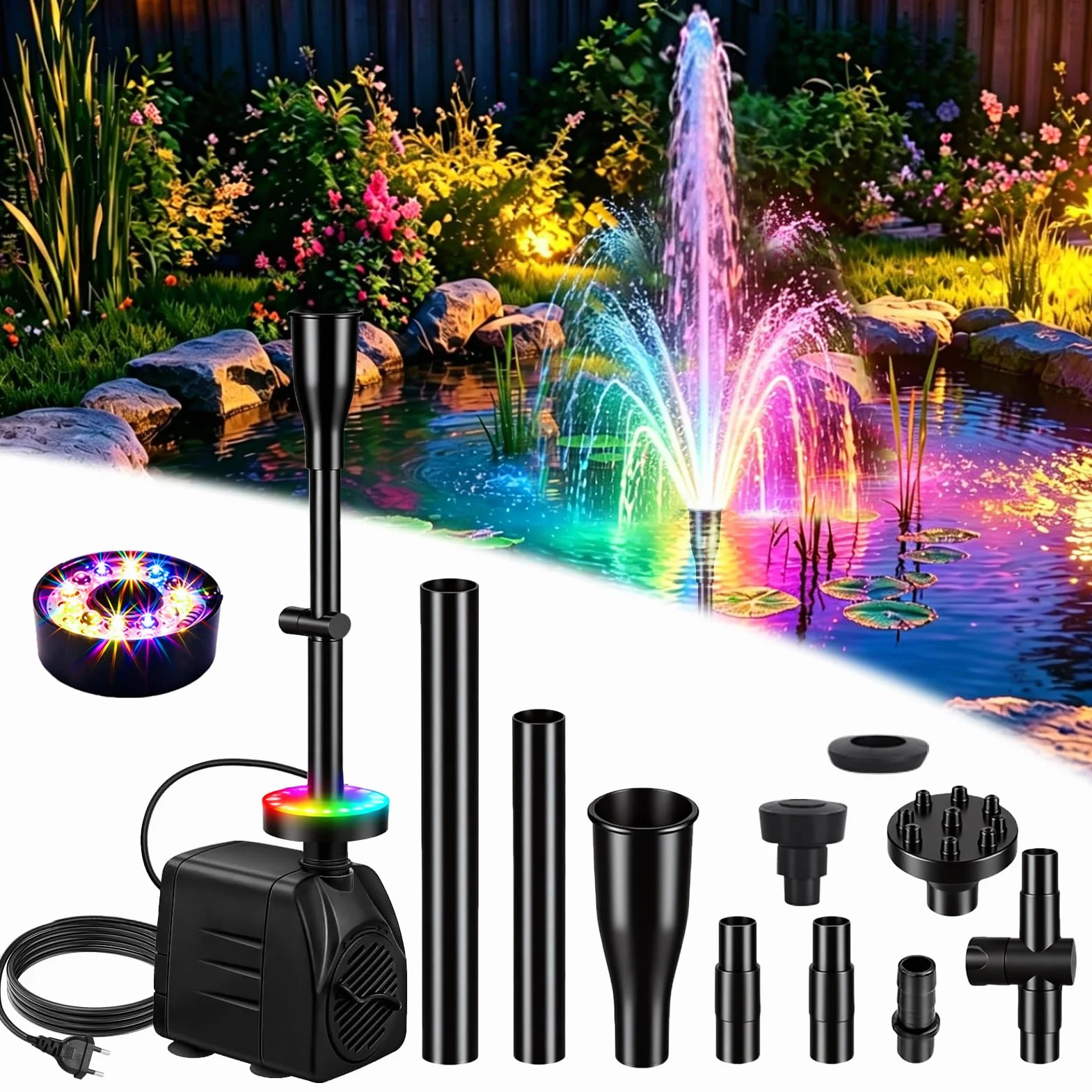 Pompa do fontanny zewnętrzna z diodami RGB LED, 750 l/h, 15 W, 220 V, z kablem 3 m, pompa do stawu, do mini stawu, 3 dysze, pompa do akwarium, fontanna ogrodowa, mała pompa do stawu ogrodowego