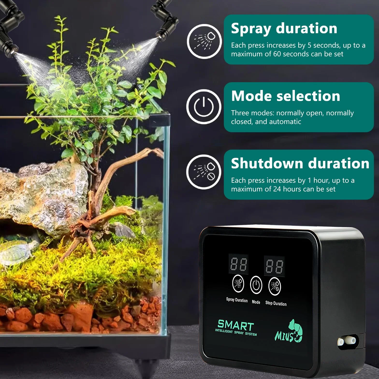 BORDEAG Instalacja Nawilżająca Terrarium, Inteligentny System Nawilżający dla Gadów, Nawilżacz Powietrza dla Terrarium, Gadowy Nawilżacz Powietrza z Dyszami Rozpylającymi 360° Regulowane Dla Gadów