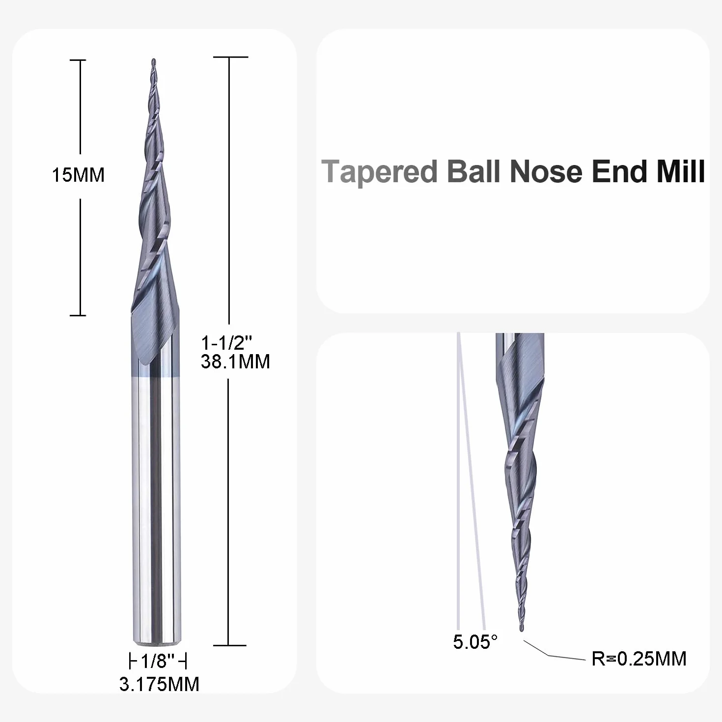 SpeTool Frez z głowicą kulową, stożkowy frez trzpieniowy CNC, 2 flety, promień 0,25 mm, trzpień 3,175 mm (1/8"), powłoka TiAlN, VHM, frez do grawerowania górnowrzecionowego 2D i 3D