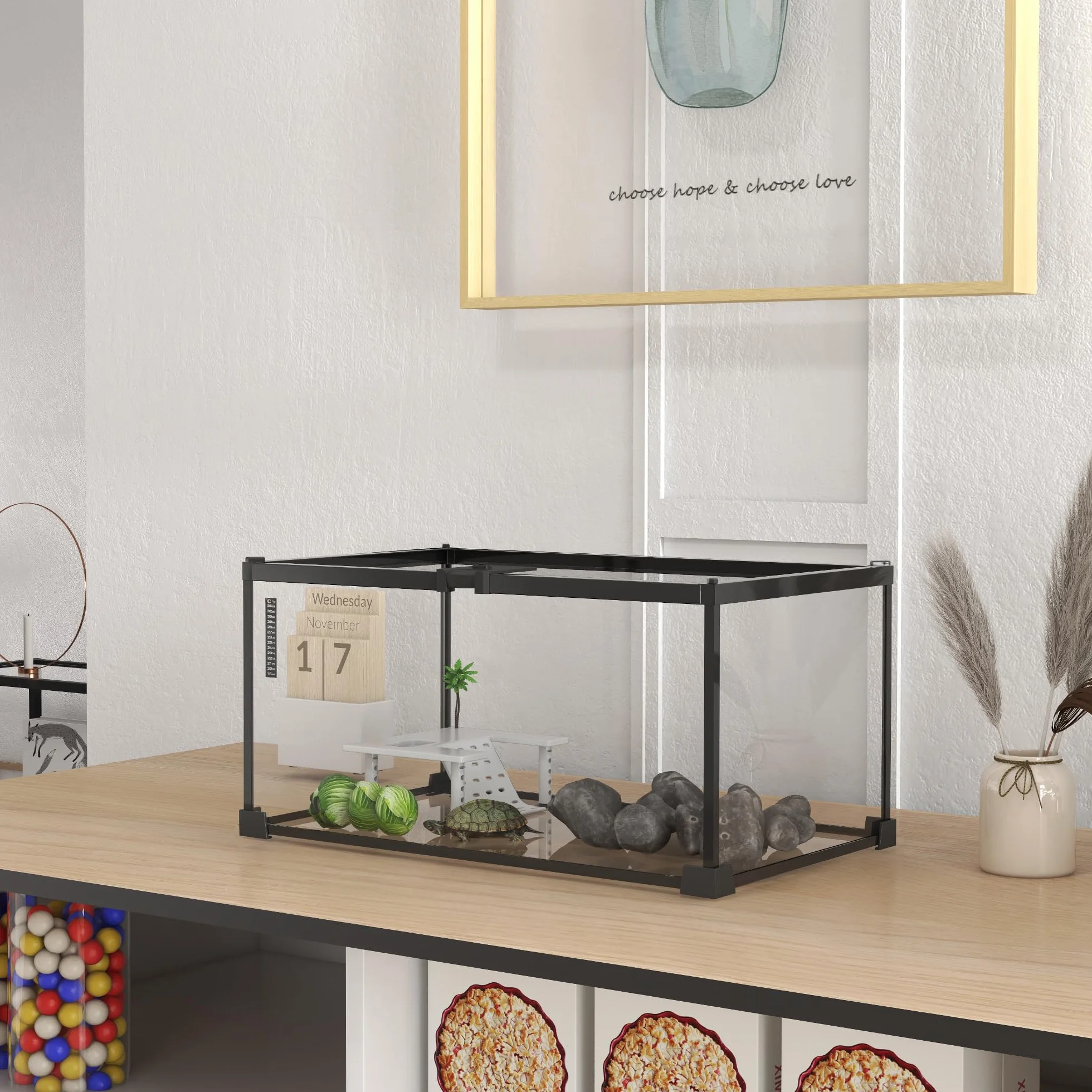 PawHut Pojemnik na gady Akwarium Żółwie Terrarium Siedlisko Przesuwne Siatka metalowa termometr, platforma z rampą, ozdobne palmy kokosowe i karmnik w zestawie szkło metalowe
