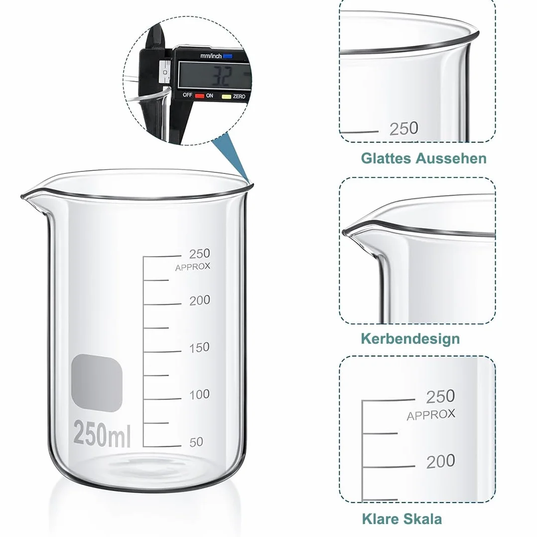 4-stopniowy zestaw zlewek Erlenmeyer, zestaw cylindrów z miarką, 3 szklane cylindry z 3 stożkowymi buteleczkami, z 3 szklanymi pipetami, 2 szklane mieszadła i 2 szczotki do mycia