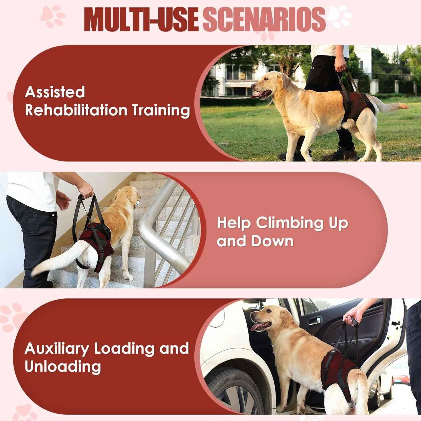 SlowTon Hind Leg Support Harness Sling dla średnich psów - wygodna regulowana uprząż do podnoszenia psa dla osób starszych z niepełnosprawnością artretyzmu (czerwona, XL)