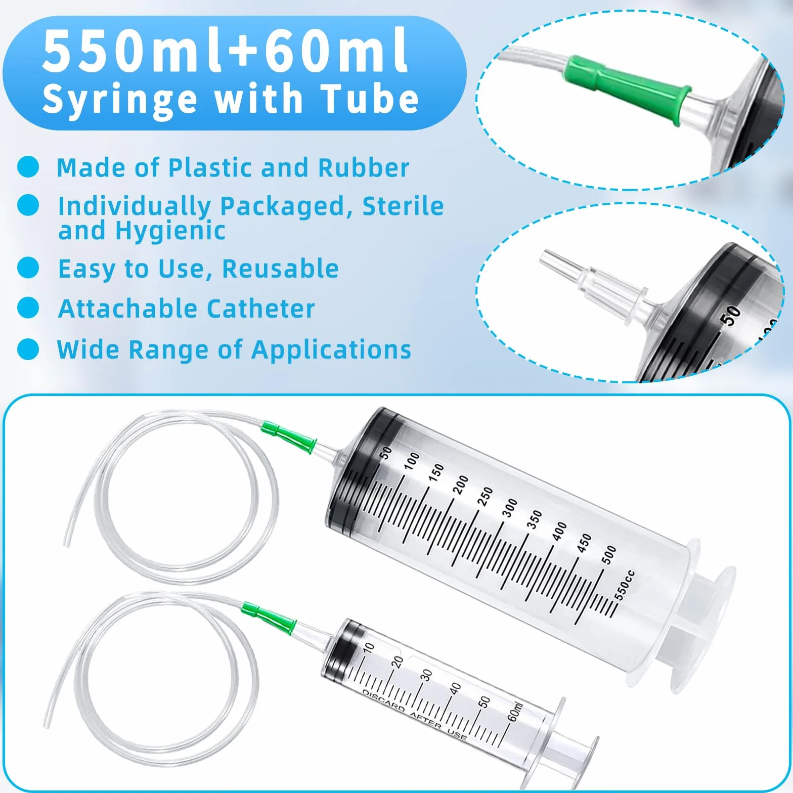 Strzykawka z wężem, 1 duża strzykawka 550 ml + 1 strzykawka 60 ml, plastikowa strzykawka z nasadką, duża pojemność, do wielokrotnego użytku, pojedynczo uszczelnione strzykawki do laboratorium