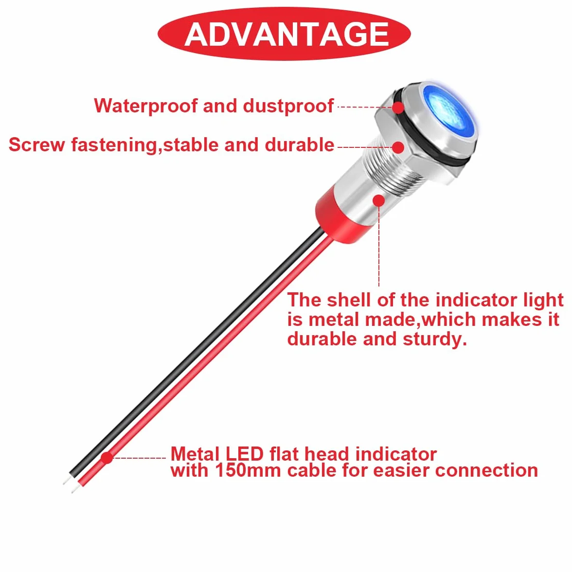 10 szt. 8 mm AC/DC 12-24 V LED metalowa lampa sygnalizacyjna, wodoszczelna, 5 kolorów (czerwony/żółty/niebieski/zielony/biały) z kablem o długości 150 mm, metalowy kierunkowskaz LED i