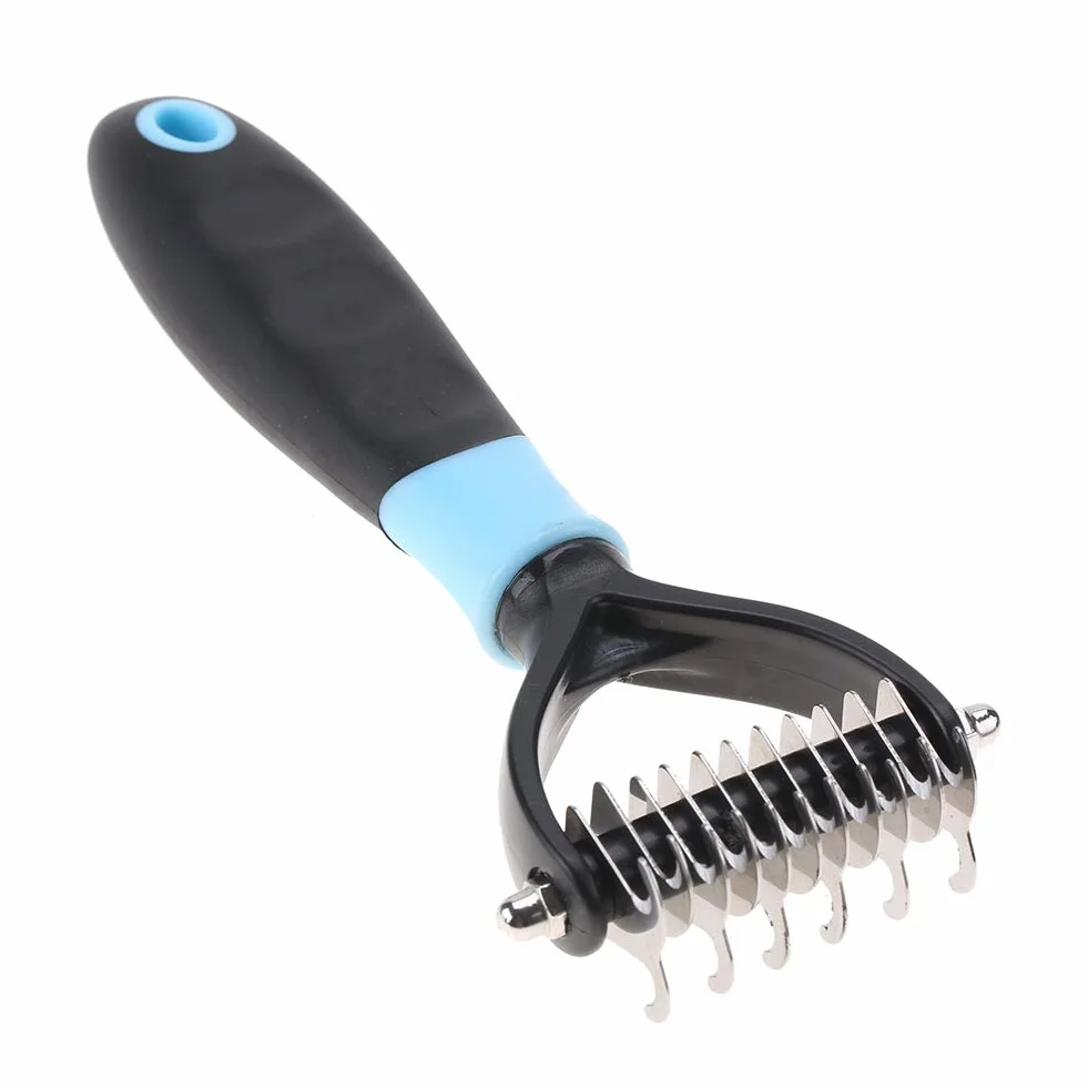 Dematting Comb Tool – dwustronna grabka do usuwania kolców i zaplątanych sierści u kotów i psów, profesjonalna szczotka antykolczasta (kolor niebieski)