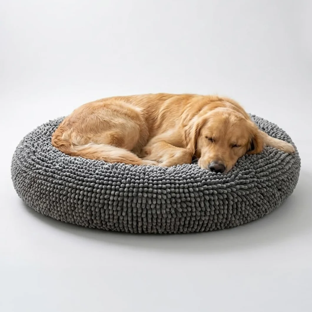 Muddy Mat® Cloud K-9 legowisko dla psów i kotów, miękkie i relaksujące okrągłe legowisko dla psa, materiał szenilowy, zdejmowana pokrywa, nadaje się do prania i suszenia w suszarce, szare, duże (100 x