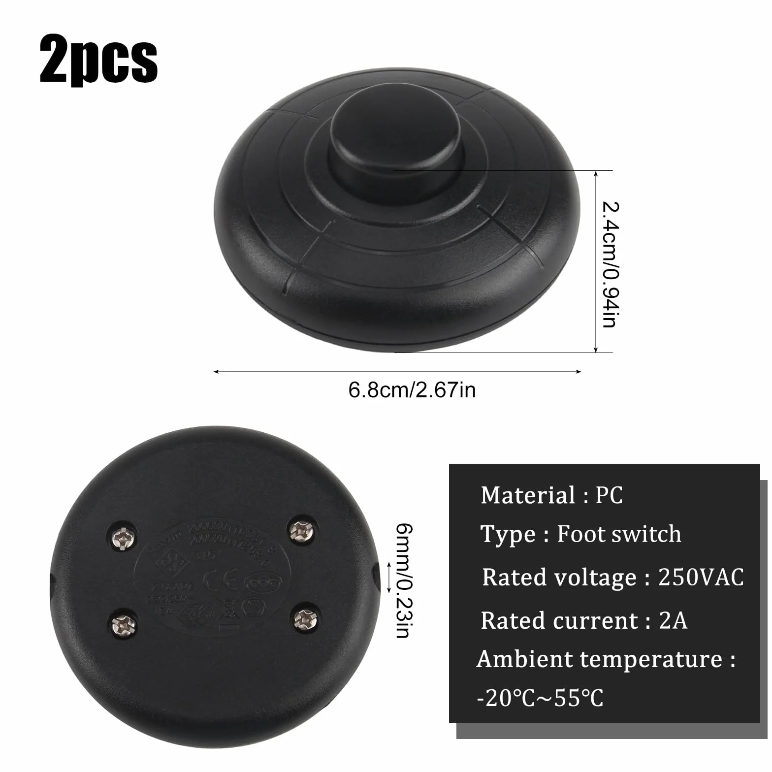 2 sztuki włączników nożnych do lamp, samoblokujący, 2 A, 250 V, do kabli 2- lub 3-żyłowych, lamp i małych urządzeń lub lamp, włącznik światła (czarny)