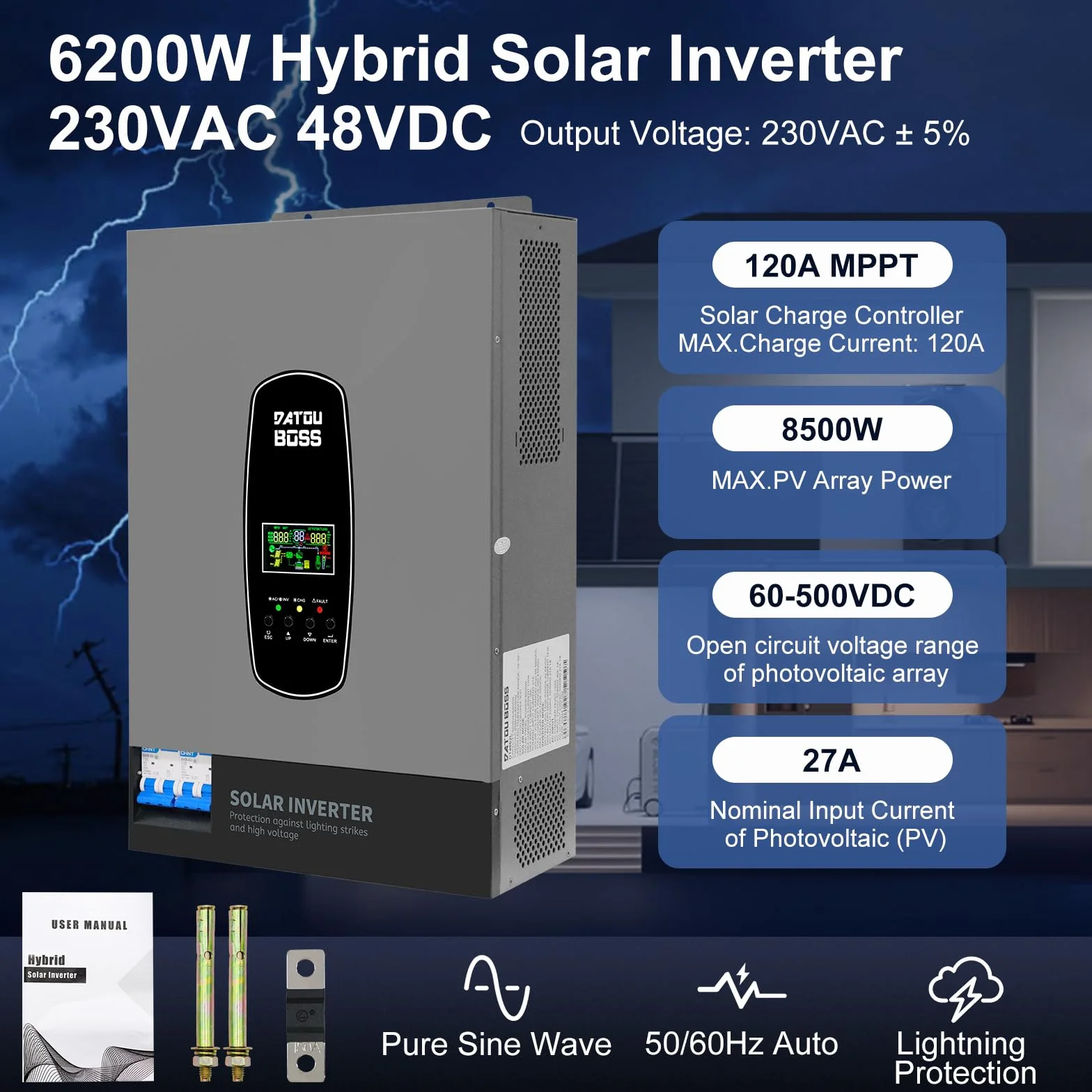 DATOUBOSS 6200W Hybrydowy Falownik Solarny 48V, Czysta Sinusoida, MPPT 120A