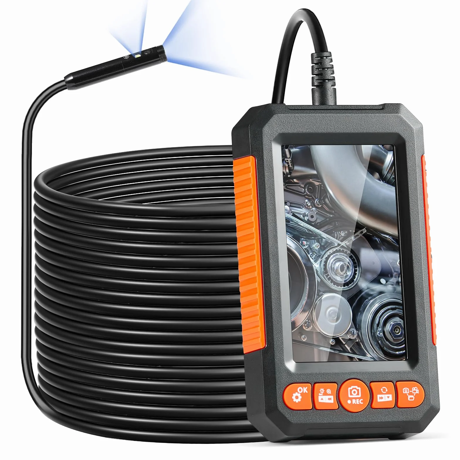 VEVOR Kamera endoskopowa z 8 + 1 lampkami, kabel 15 m, endoskop przemysłowy z podwójną soczewką, ekran 4,3", kamera inspekcyjna 1920 x 1080p, 4-krotny zoom, wodoszczelność IP67, idealna do sanitarnych