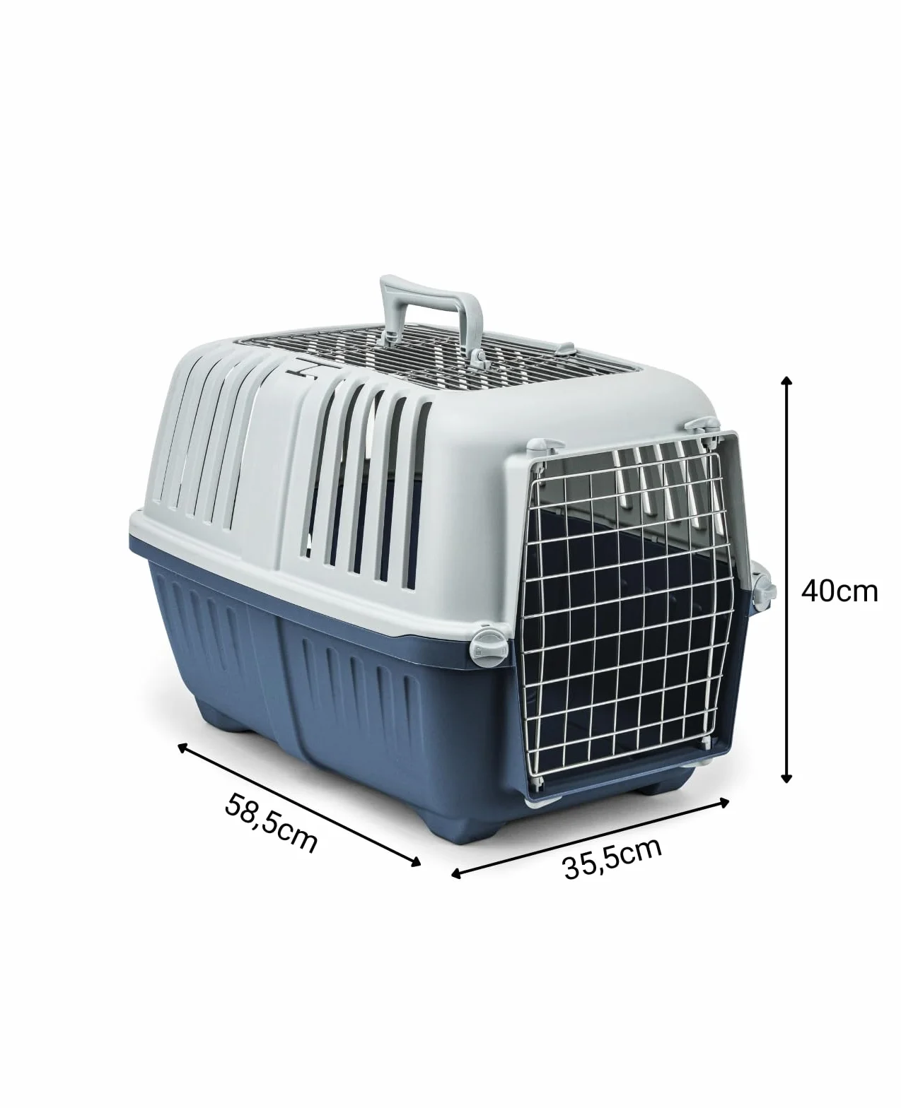 lionto Transporter dla psa z tworzywa sztucznego i kratką metalową, 58,5x35,5x40 cm, z uchwytem i zamknięciem, idealny także dla kota i małych zwierząt, do 15 kg, niebieski