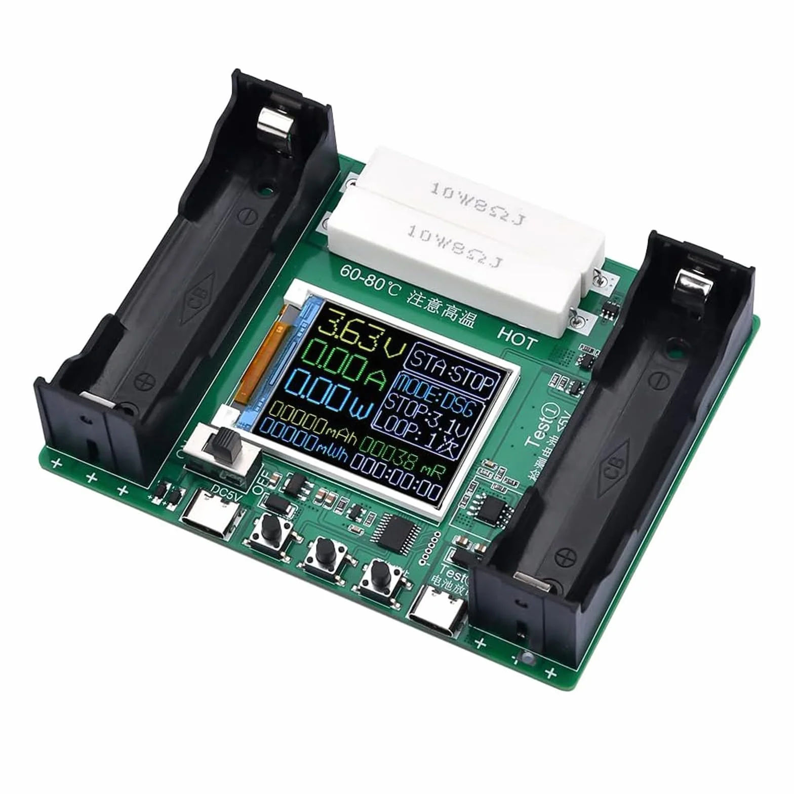 DC 5 V/18650 moduł testera pojemności akumulatora, tester rezystancji wewnętrznej baterii z wyświetlaczem LCD do baterii litowej typu C