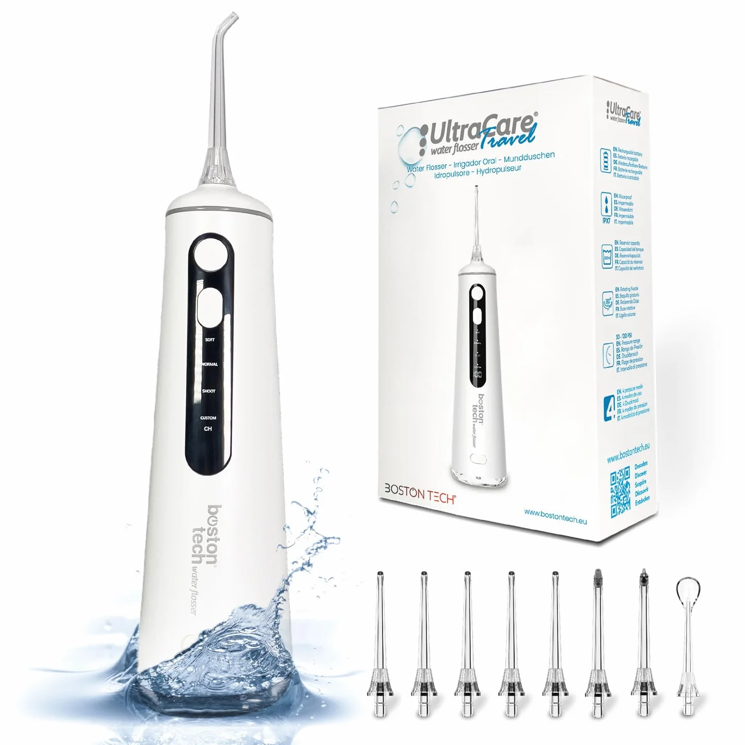 Aquapik® Travel przenośny irygator dentystyczny UltraCare | Usuwa płytkę nazębną + zalecany przez dentystów + Dbaj o implanty i ortodoncję | 8 ustników + 4 tryby użytkowania + zbiornik 300 ml (biały)