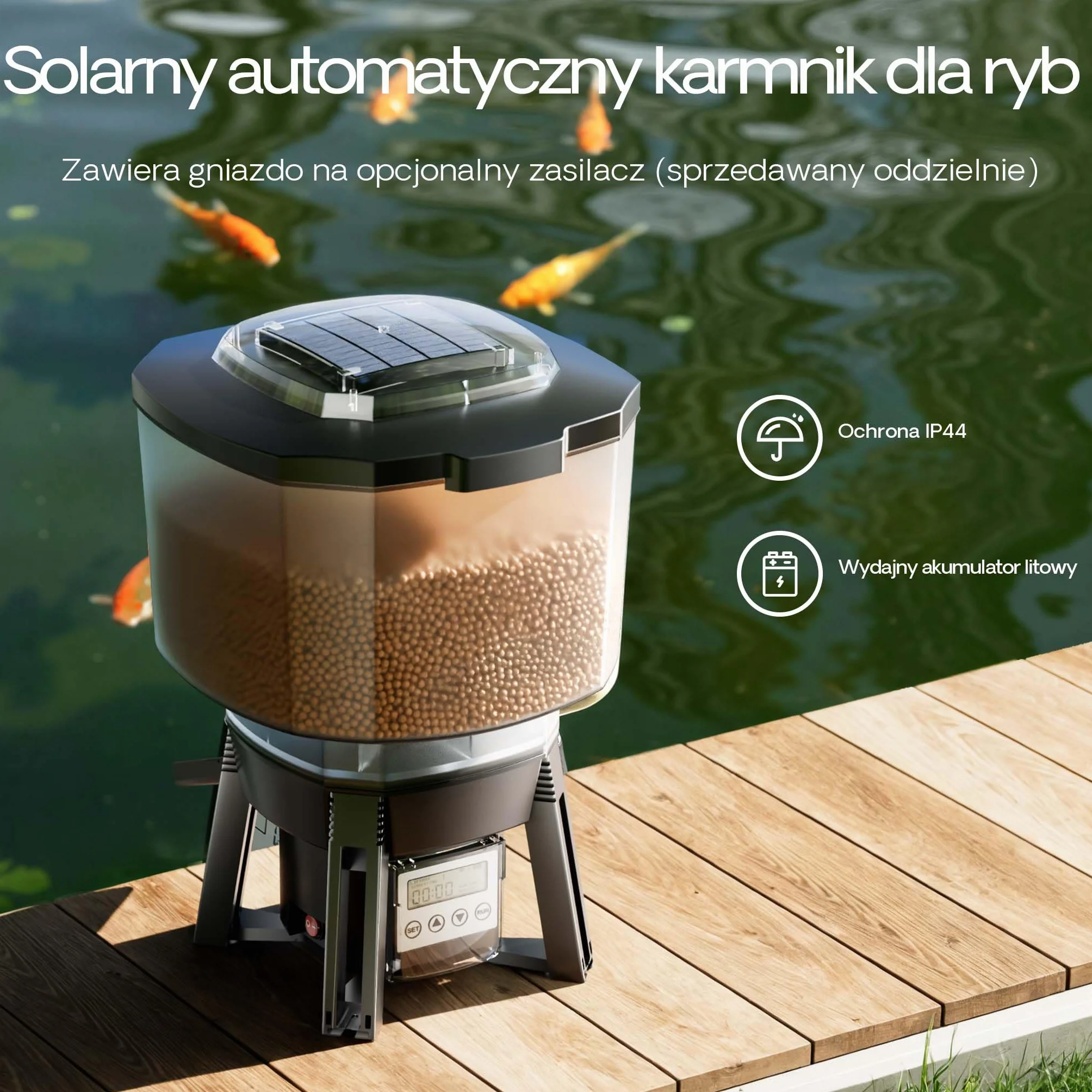 SunSun Automatyczny karmnik dla ryb CFF-212 z zasilaniem słonecznym, programowalny dozownik pokarmu dla rybek 12 l do oczek wodnych, stawów i hodowli