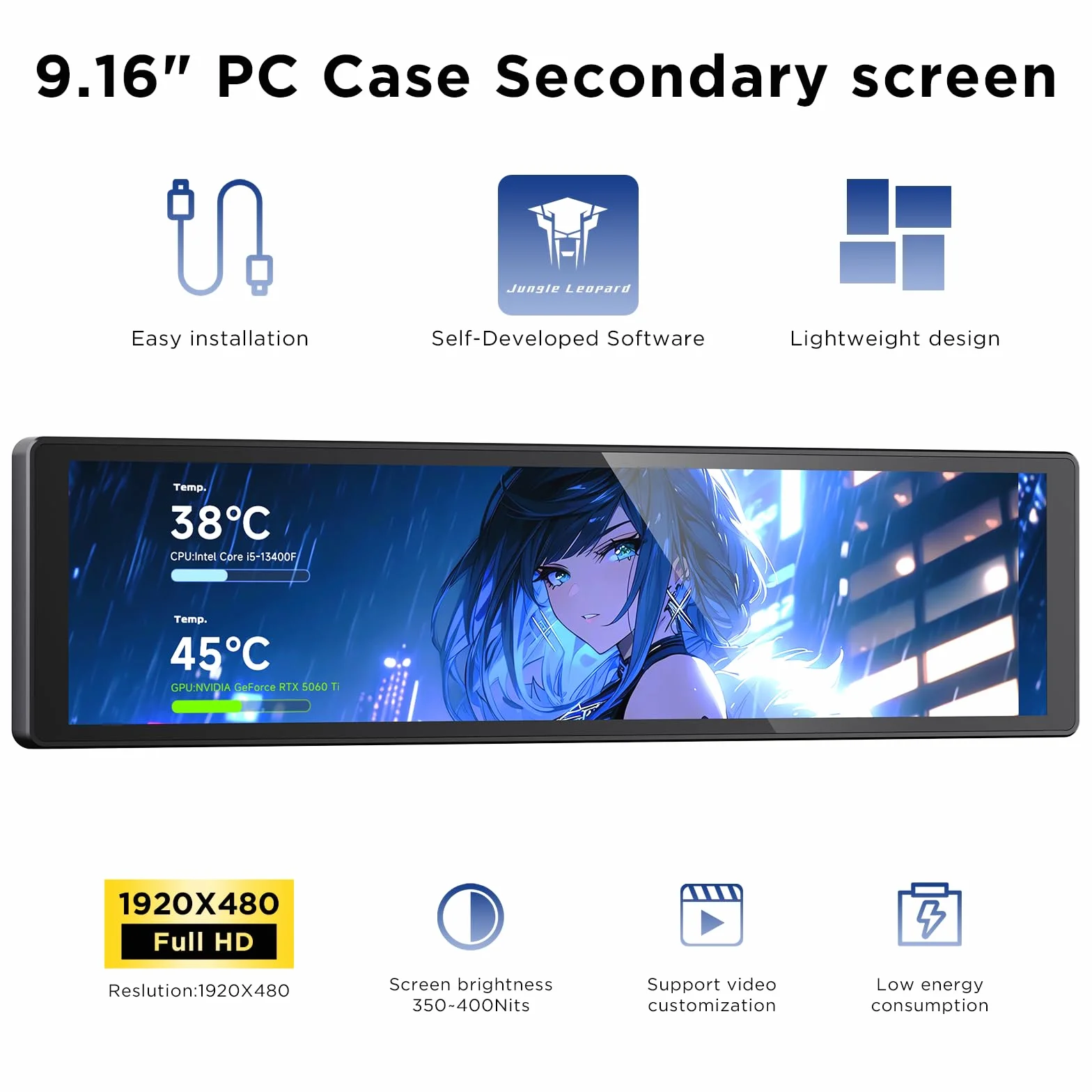 TZMRIT Uniwersalny wyświetlacz LCD 9,16 cala do komputera, konfigurowalna ramka ARGB, panel wyświetlacza temperatury, mini monitor, z zaprogramowanymi motywami DIY do gier PC / chłodziarki procesora