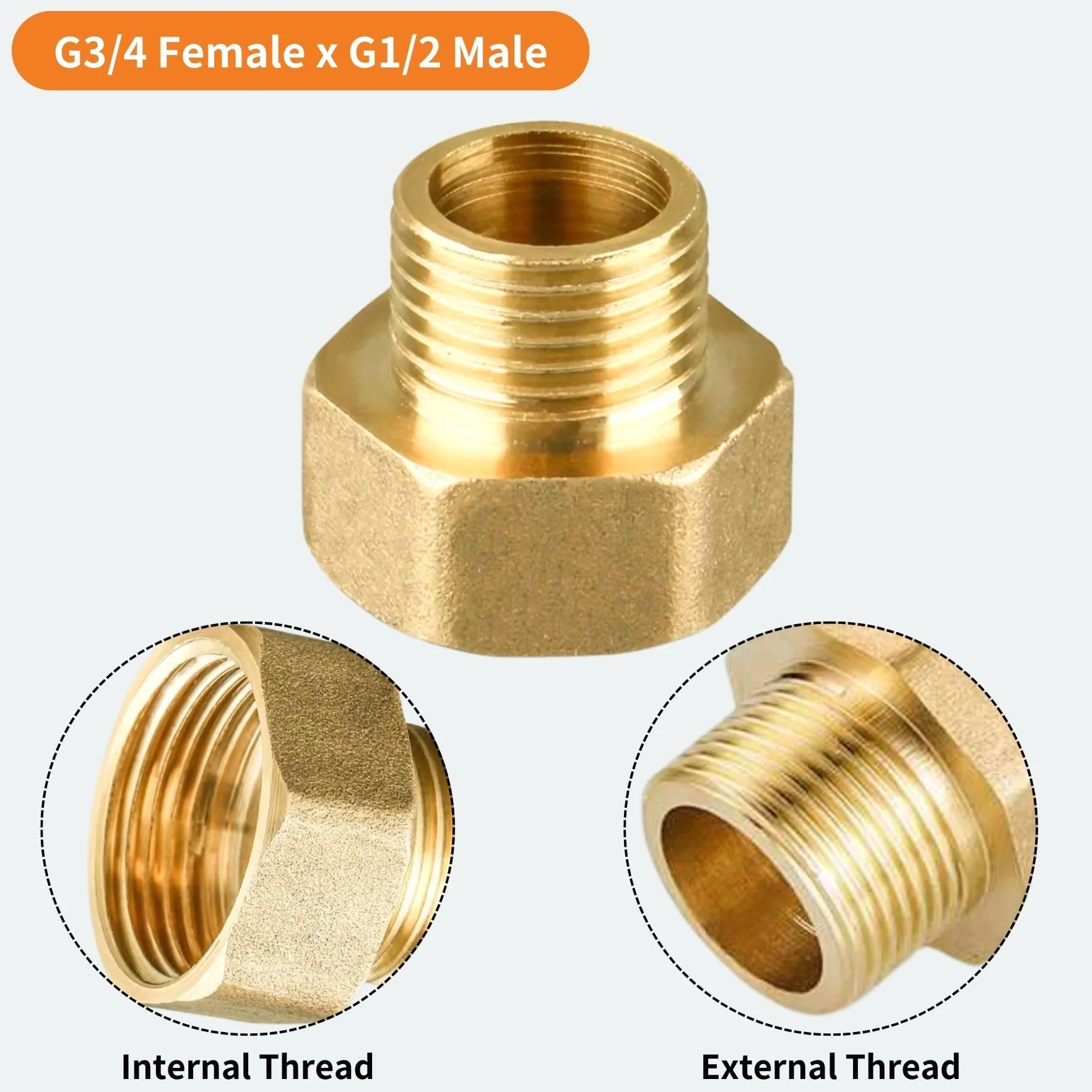 Reduktor G3/4" (Ø 24 mm) do G1/2" (Ø 20,3 mm) z mosiądzu, 3 sztuki przedłużki redukcyjne G1/2" zewnętrzne G3/4" wewnętrzne, przedłużenie redukcyjne AG/IG, złączka mufowa redukcja IG/AG z gumową