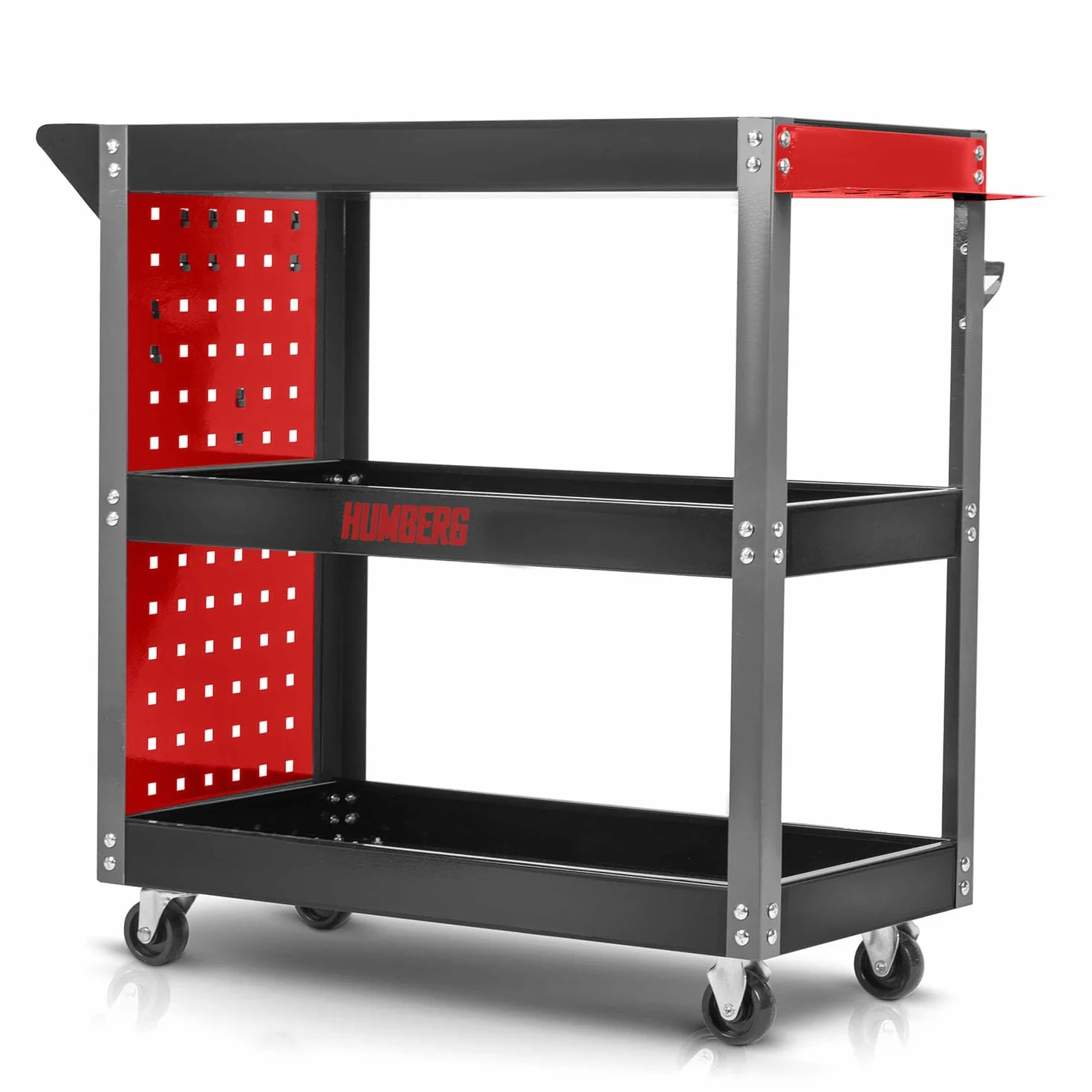 Humberg Wózek Warsztatowy do Garażu - 3-Poziomowy z 6 Haczykami - Udźwig do 300 kg - Stal i Aluminium 80 x 35 x 73 cm