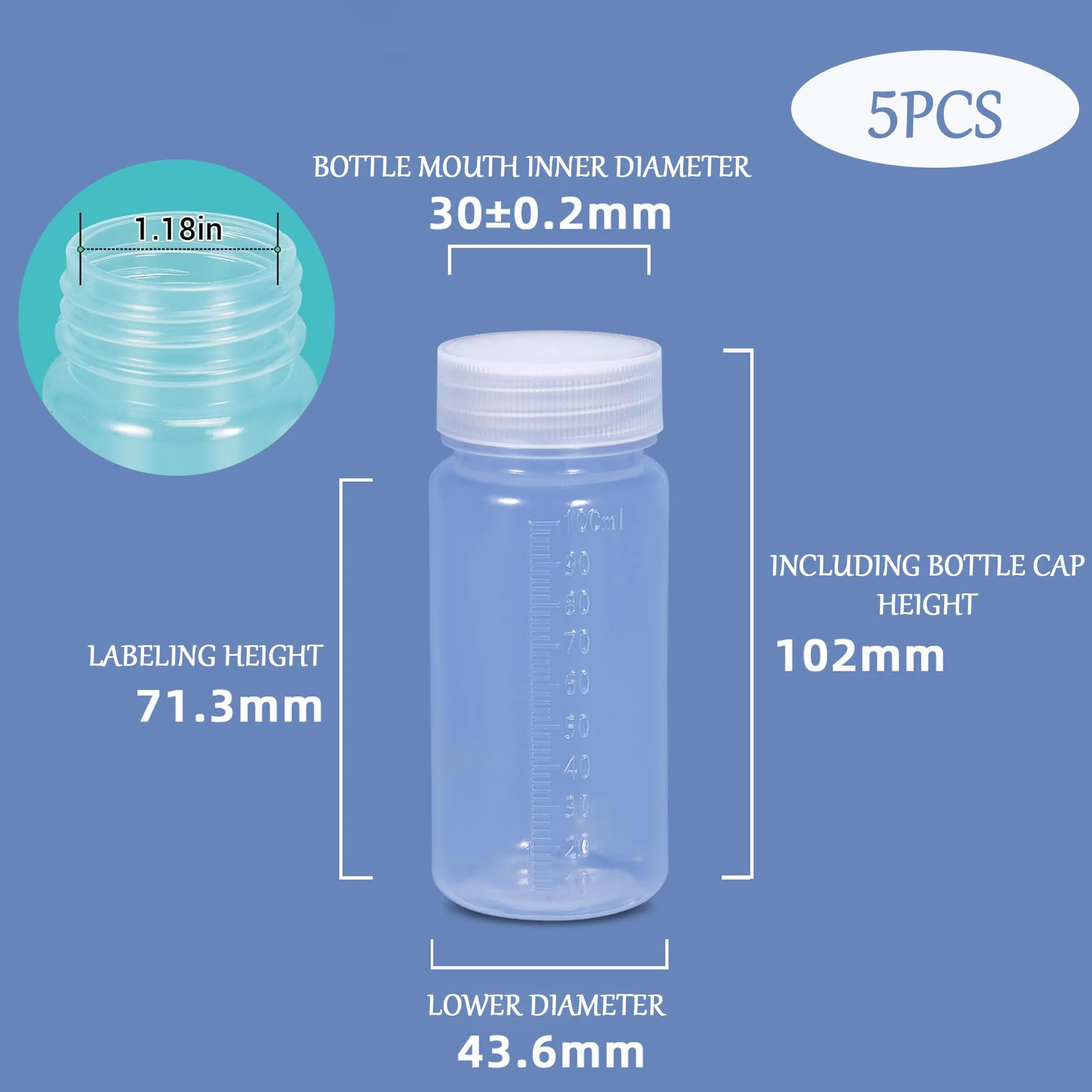 Plastikowe butelki laboratoryjne 100 ml z szerokim otworem i skalą, hermetyczna pokrywka, 5 sztuk