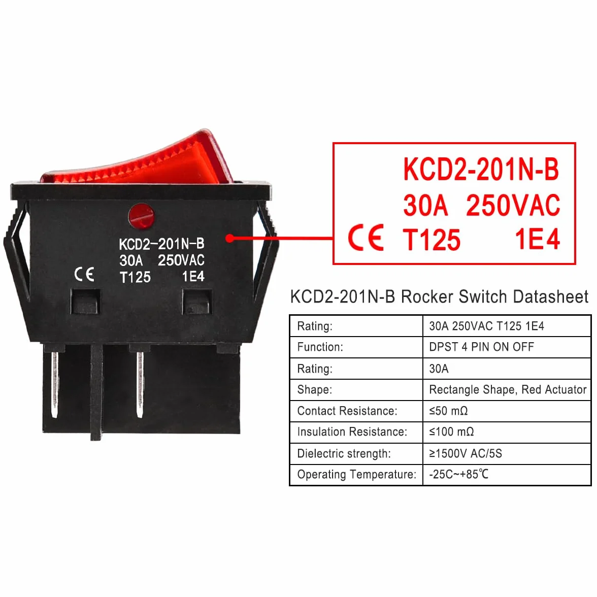 Heschen Przełącznik kołyskowy DPST 30A 250V AC T125 wodoodporny czerwony