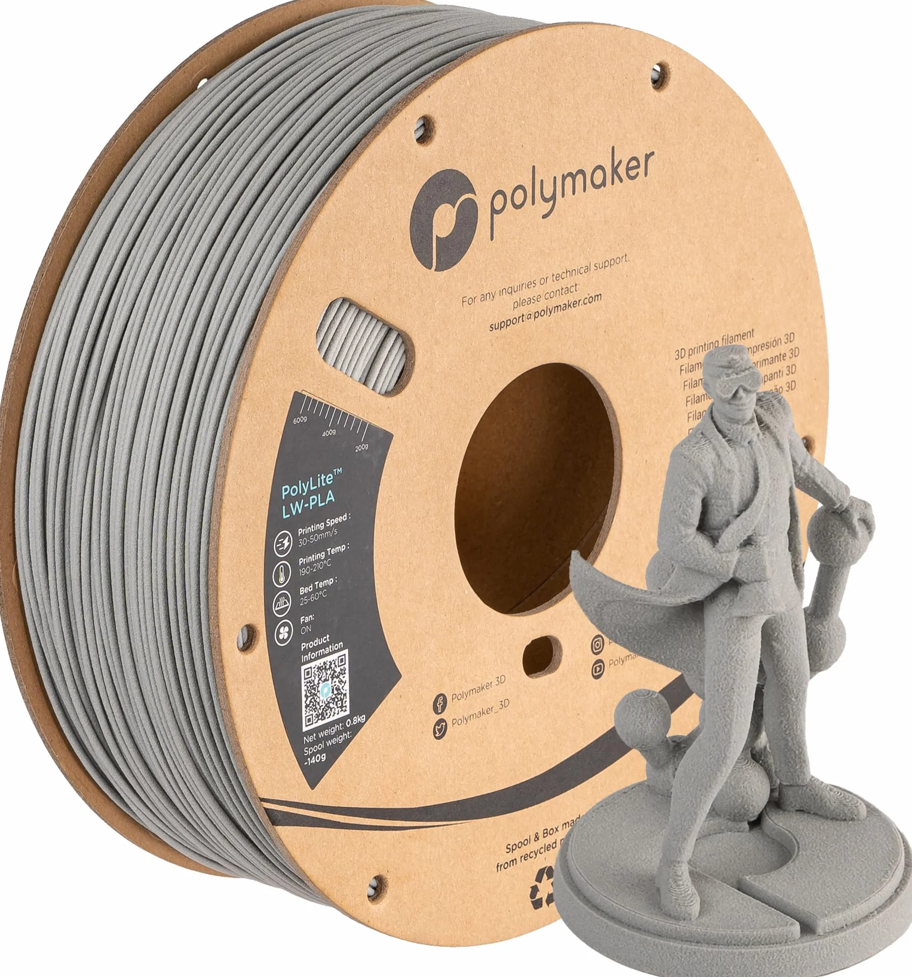 Polymaker PolyLite LW-PLA - 1,75mm - 800g - Szary