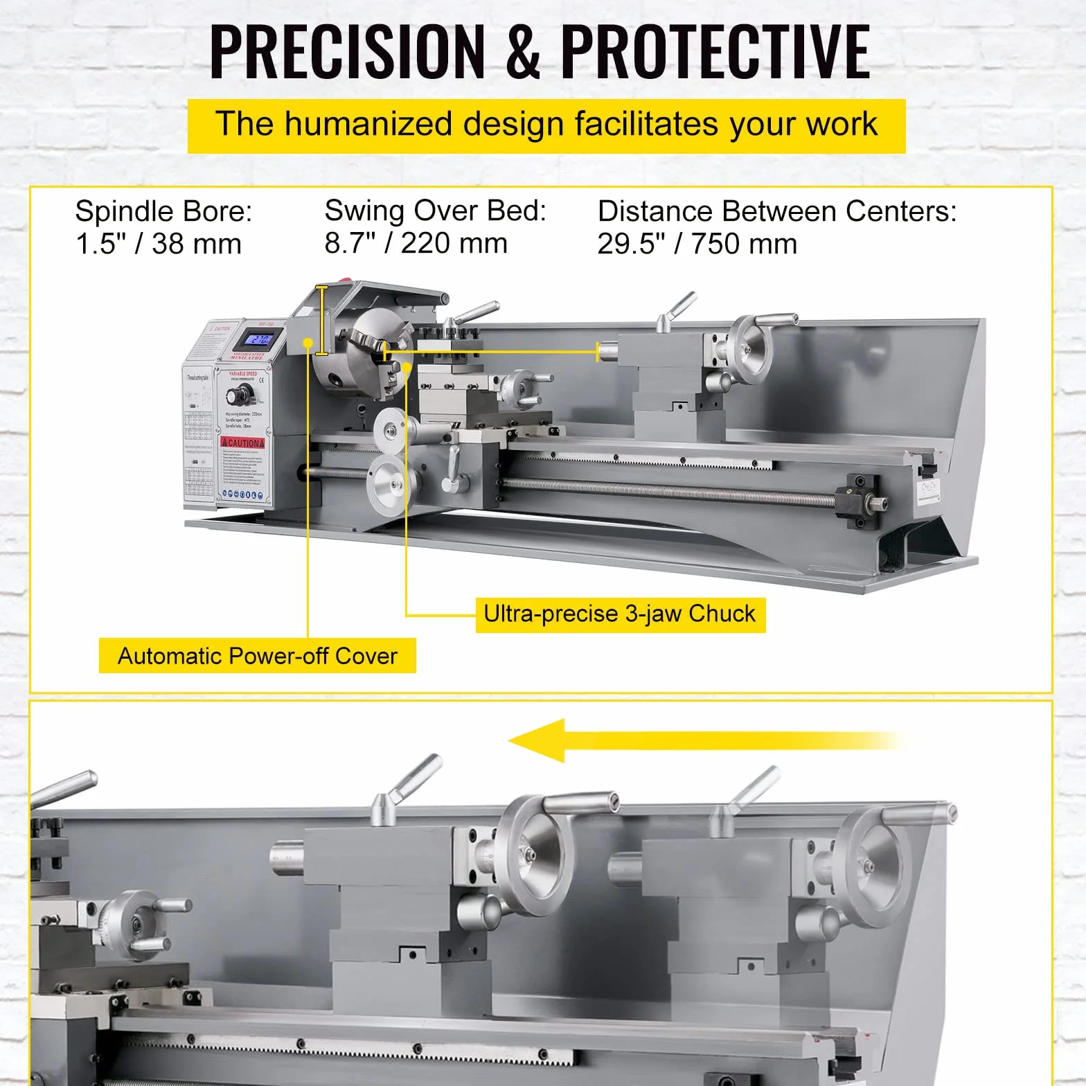 VEVOR Precyzyjna tokarka do metalu 750 W, 220 x 750 mm Mini tokarka do drewna o zmiennej prędkości 50-2250 ± 10% obr/min Profesjonalna tokarka elektroniczna, regulowana tokarka do wiercenia w
