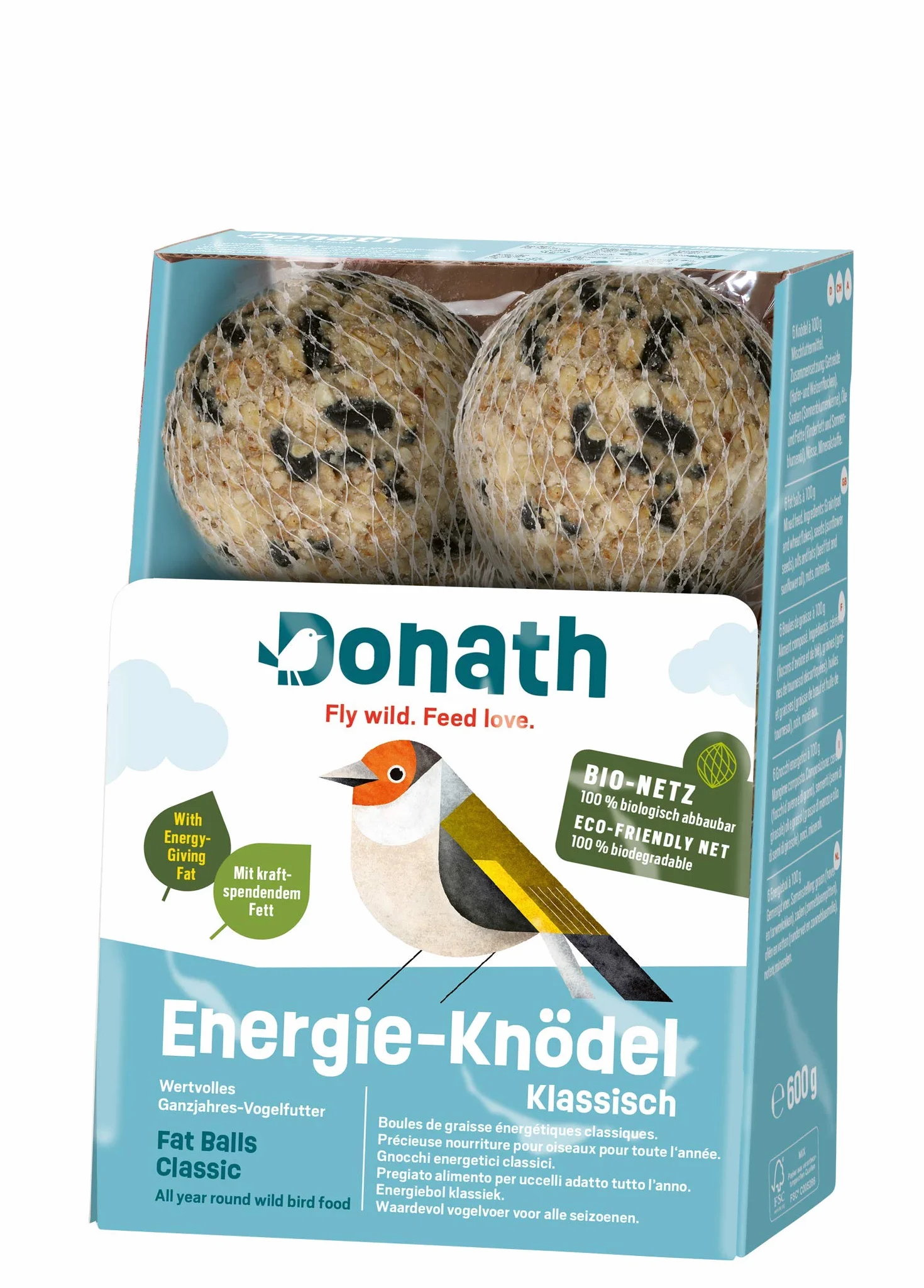 Donath energooszczędne kule klasyczne, w sieci BIO - 6 kul smalcowych w ekologicznej siatce w wiaderku ekonomicznym (6 x 100 g) - cenna całoroczna karma dla dzikich ptaków - z naszej manufaktury w południowych Niemczech