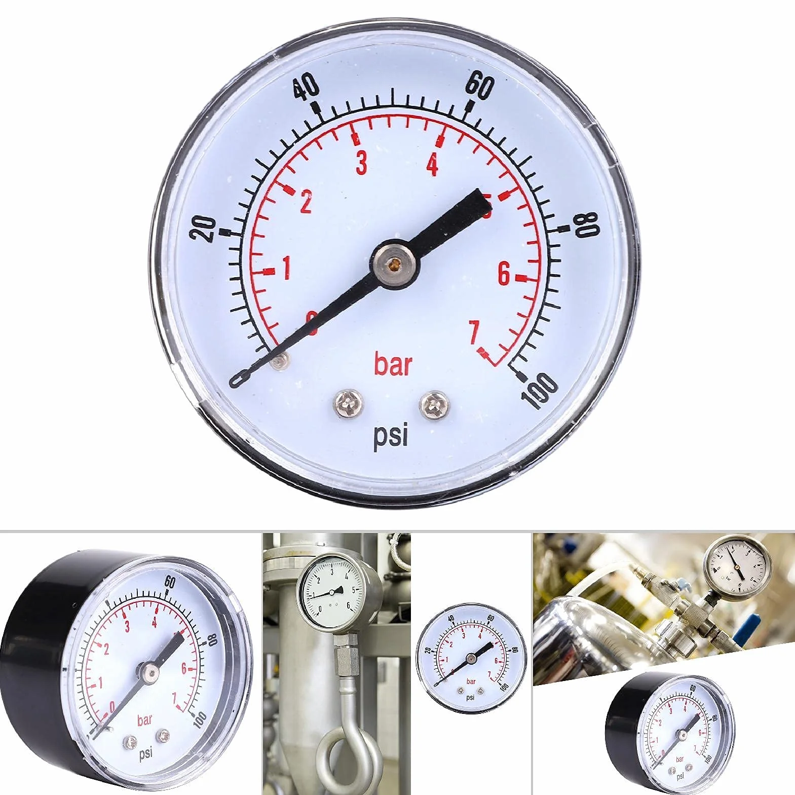 Manometr 50 mm Tarcza Manometr Tylne połączenie, osiowy manometr 1, 8 tarczy 1/8 Bspt Tylne przyłącze do gazu olejowego z wodą powietrzną (0-100 psi 0-7 barów)