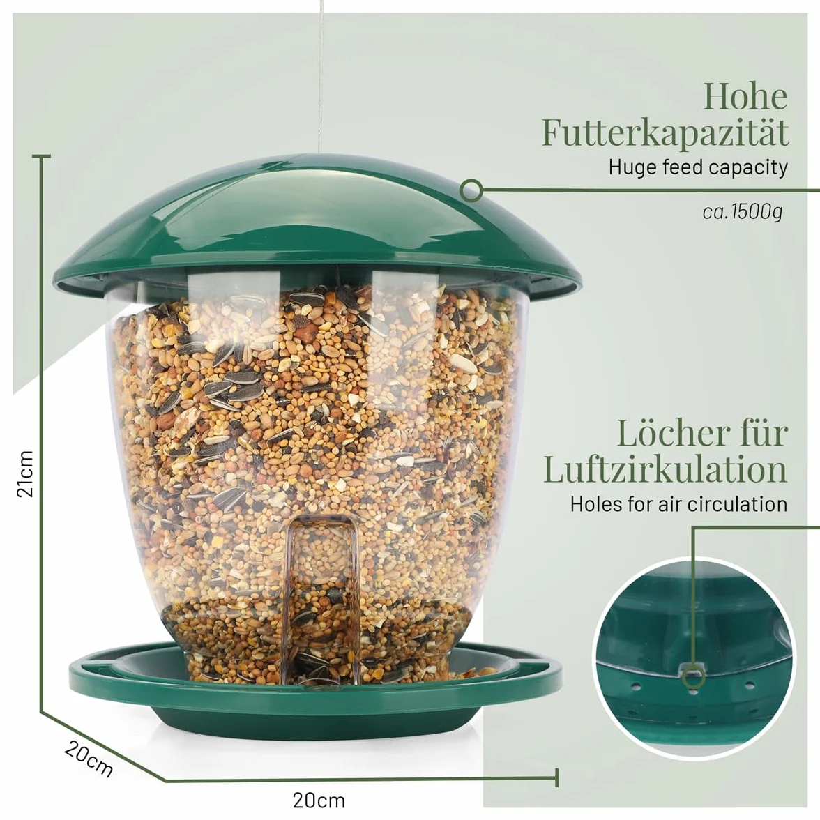 wildlife home Dozownik karmy dla ptaków XXL do zawieszenia, 1,5 kg, bardzo duża pojemność karmy dla dzikich ptaków, stacja karmowa dla ptaków, karmnik dla ptaków, karmnik dla ptaków