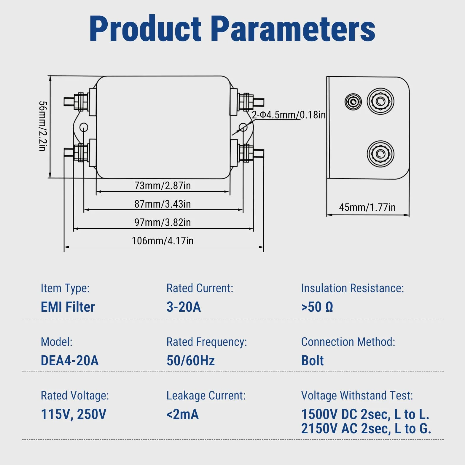 Filtr EMI 2 Poly Jednofazowy 115-250 V 20 A 50/60 Hz