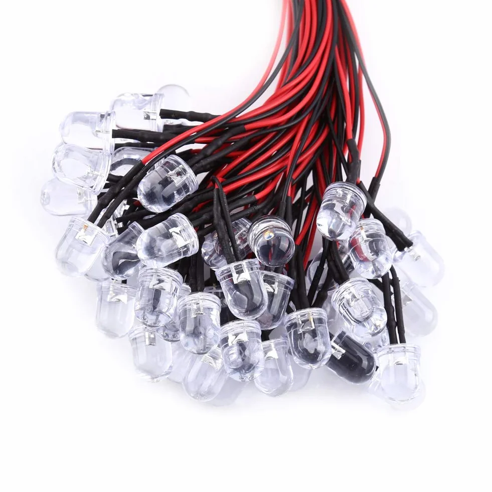 Walfront Diody świetlne LED DC 9-12 V, 50 szt. 3/5/10 mm z okablowanymi diodami LED 20 cm (białe, 10 mm)